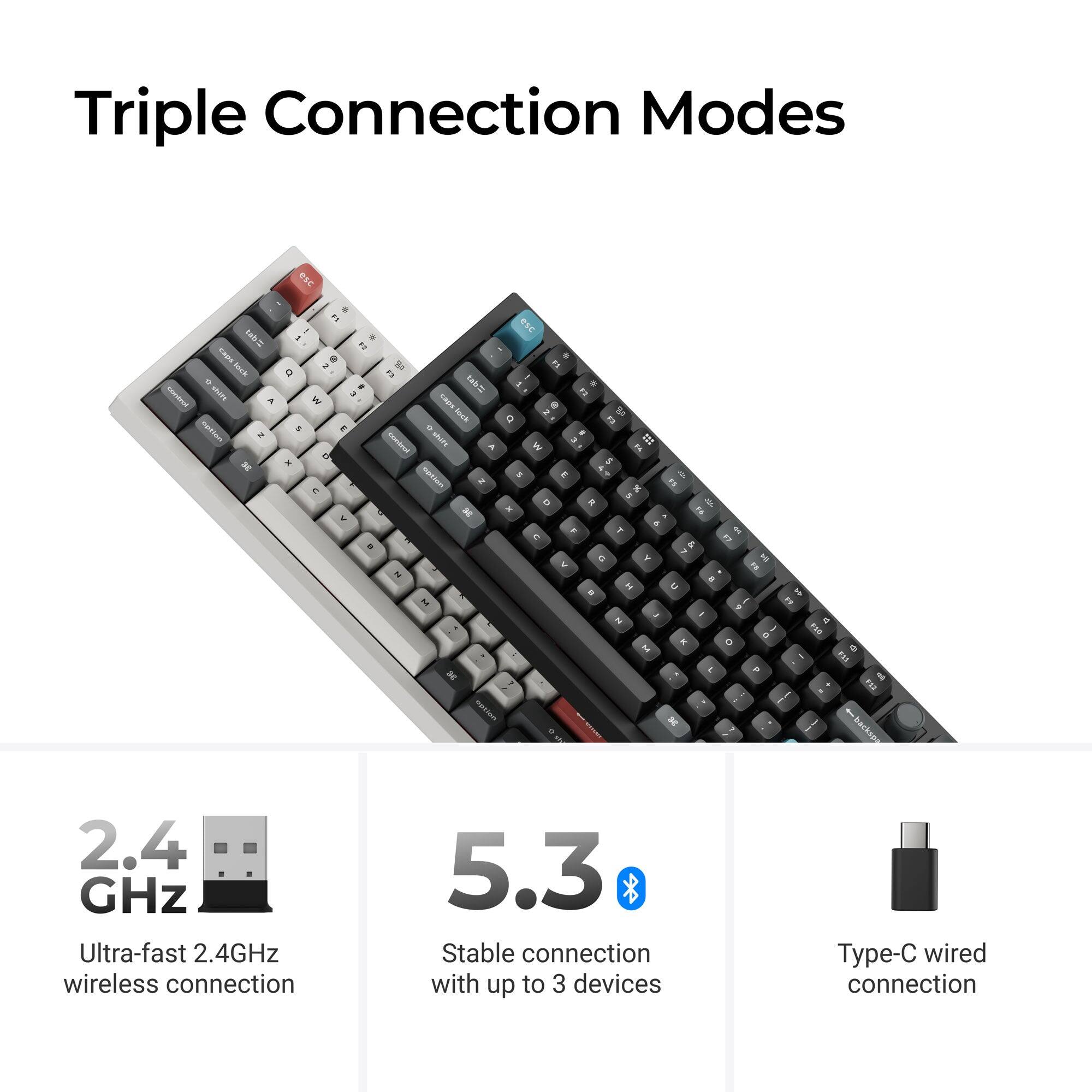Triple Connection Modes

2.4 GHz Ultra-fast 2.4GHz wireless connection
5.3 Stable connection with up to 3 devices
Type-C wired connection