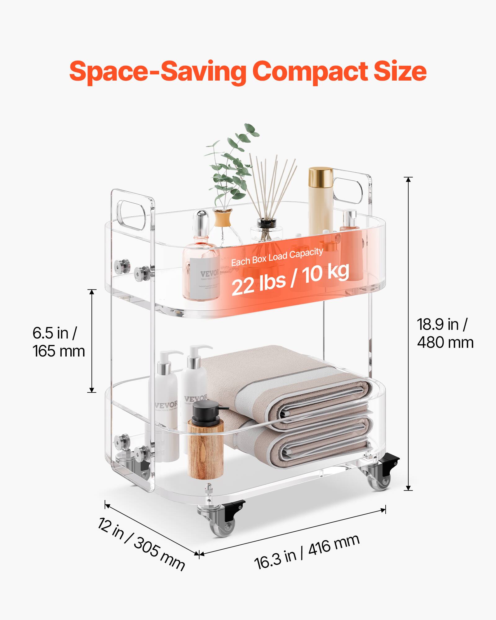 Space-Saving Compact Size

Each Box Load Capacity: 22 lbs / 10 kg

- Height: 6.5 in / 165 mm
- Width: 18.9 in / 480 mm
- Depth: 16.3 in / 416 mm
- Shelf Width: 12 in / 305 mm
