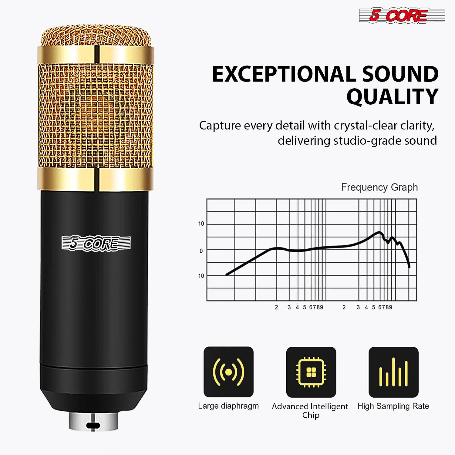 5 CORE

EXCEPTIONAL SOUND QUALITY

Capture every detail with crystal-clear clarity, delivering studio-grade sound

Frequency Graph

Large diaphragm

Advanced Intelligent Chip

High Sampling Rate