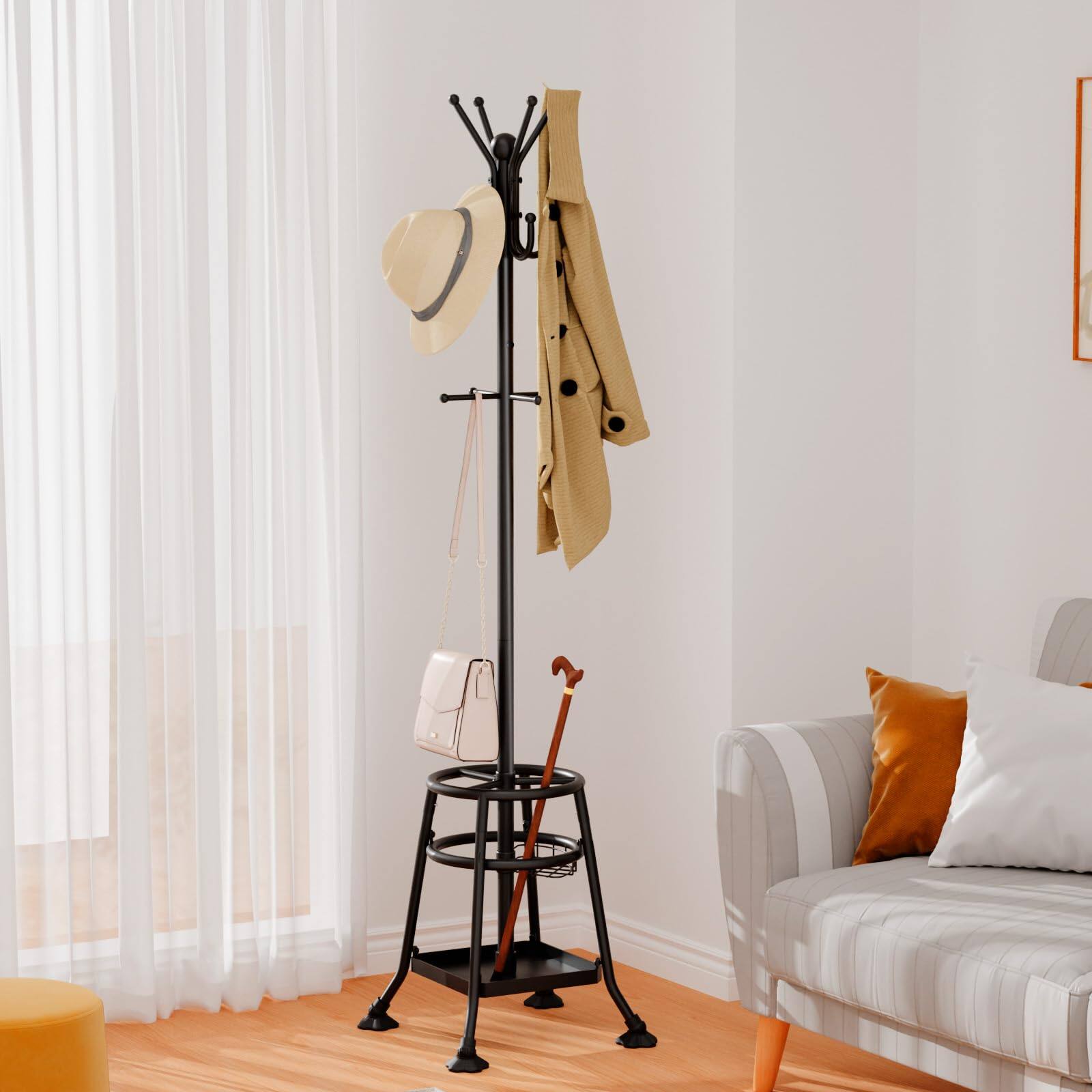 Alt View 3. Hirose Alice - Heavy Duty Freestanding Coat Rack With 12 Hooks & Umbrella Holder - Metal Clothes Hat Sturdy Standing Hall - Black.
