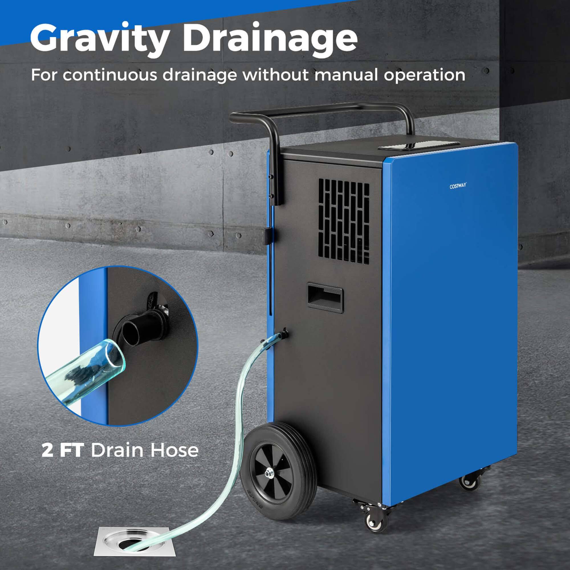 Gravity Drainage For continuous drainage without manual operation. 2 FT Drain Hose.