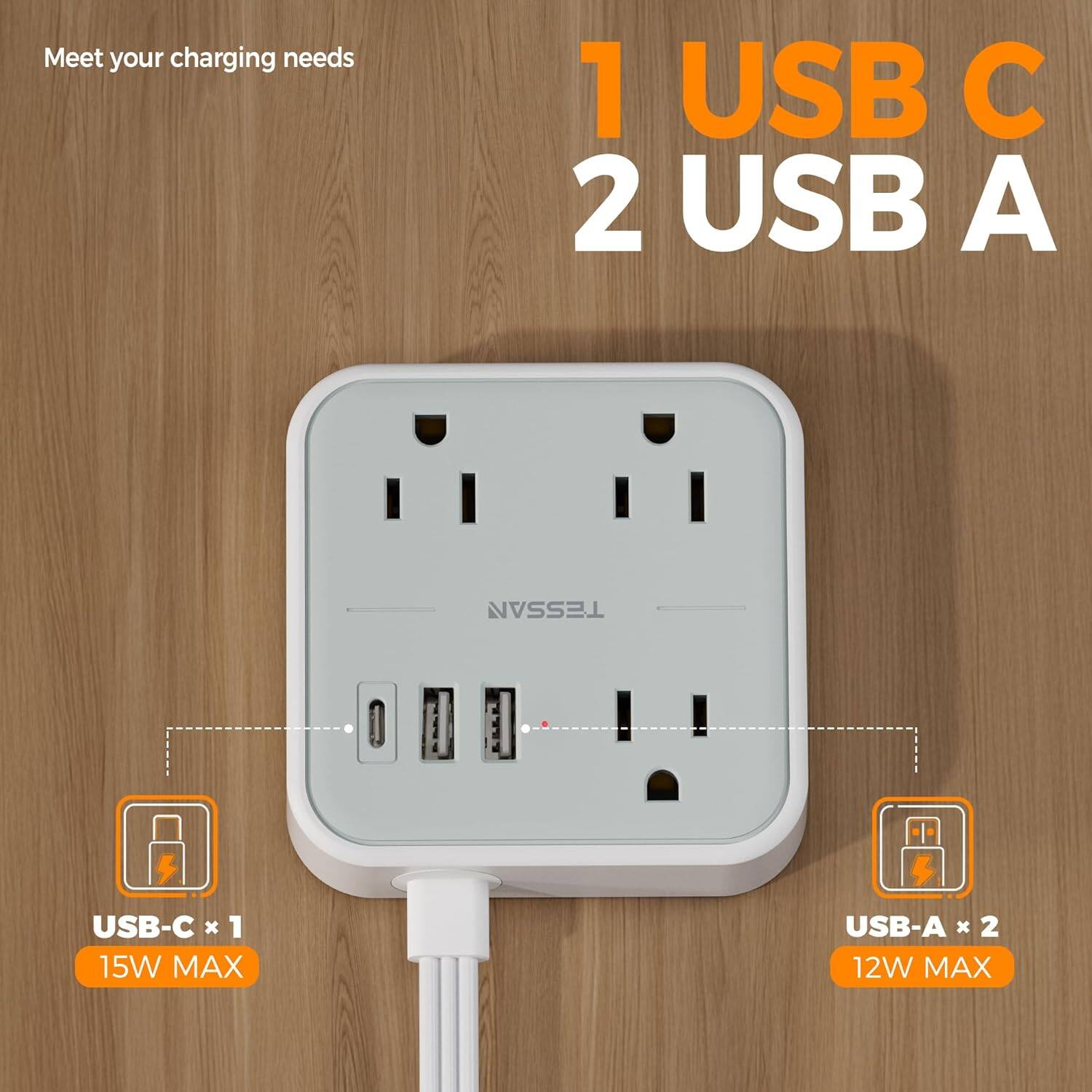Meet your charging needs

1 USB C  
2 USB A

USB-C * 1  
15W MAX

USB-A * 2  
12W MAX