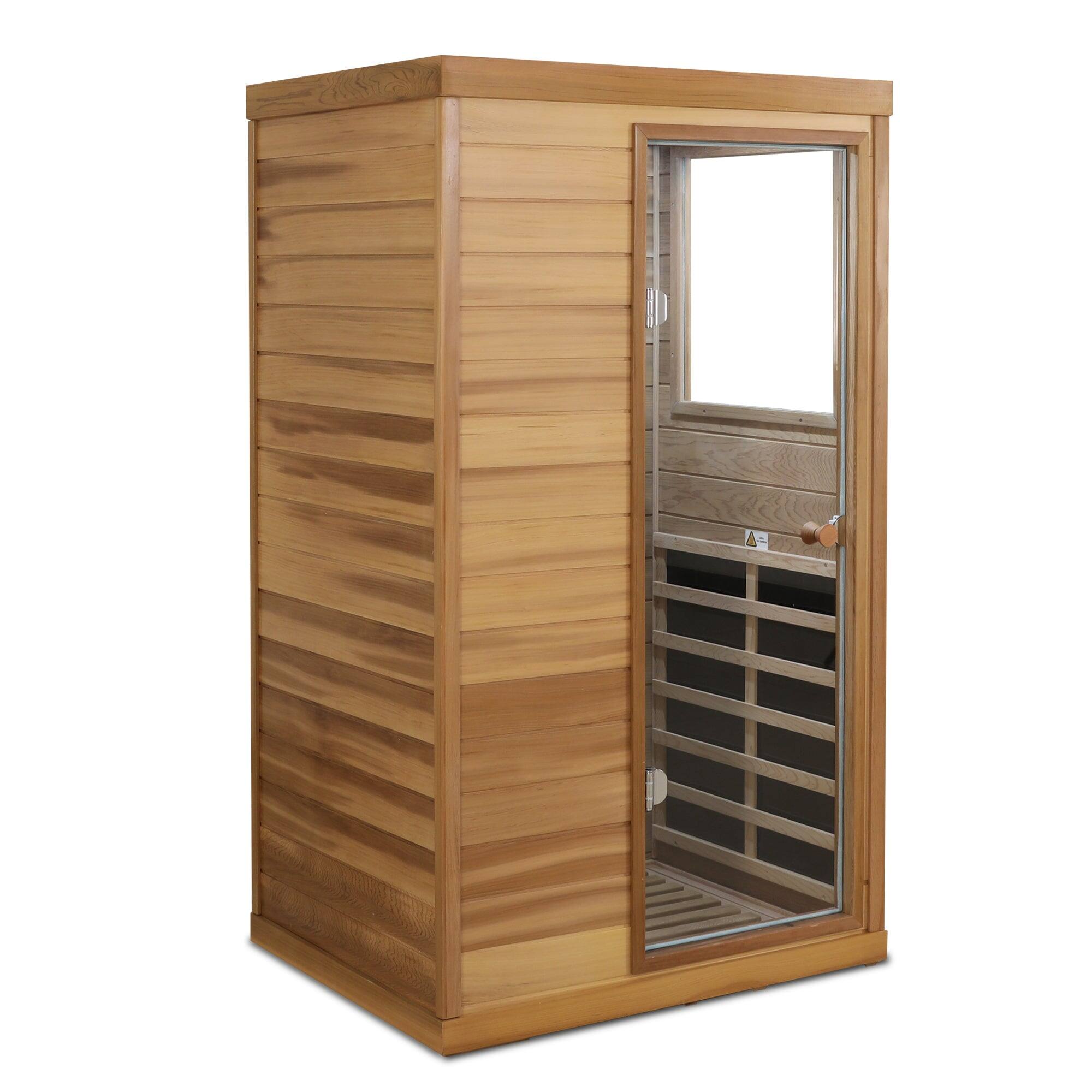 Alt View 7. Boyel Living - Red Cedar Mini 1-Person Far Infrared Sauna with Glass Door (Right) and Bluetooth Audio - Natural Wood+Caramel.