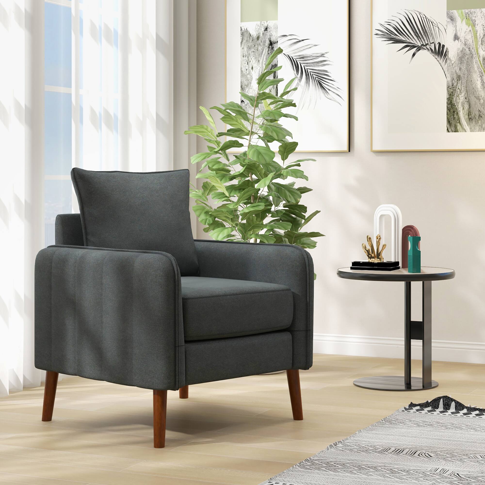Alt View 8. Gymax - Gymax Modern Accent Chair Upholstered Mid-Century Armchair w/ Rubber Wood Legs Grey - Grey.