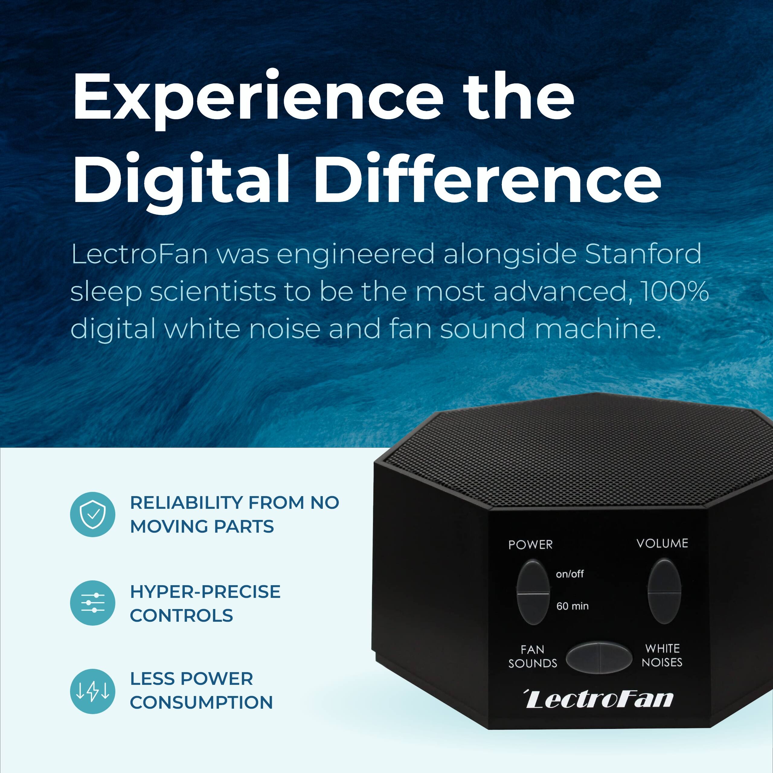 Experience the Digital Difference

LectroFan was engineered alongside Stanford sleep scientists to be the most advanced, 100% digital white noise and fan sound machine.

- RELIABILITY FROM NO MOVING PARTS
- HYPER-PRECISE CONTROLS
- LESS POWER CONSUMPTION

POWER
- on/off
- 60 min

VOLUME

FAN SOUNDS

WHITE NOISES

'LectroFan