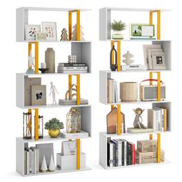 Gymax - 2 PCS 5-Tier Geometric Bookcase 62-Inch S-Shaped Bookshelf w/ Metal Frame Gold - White, Gold