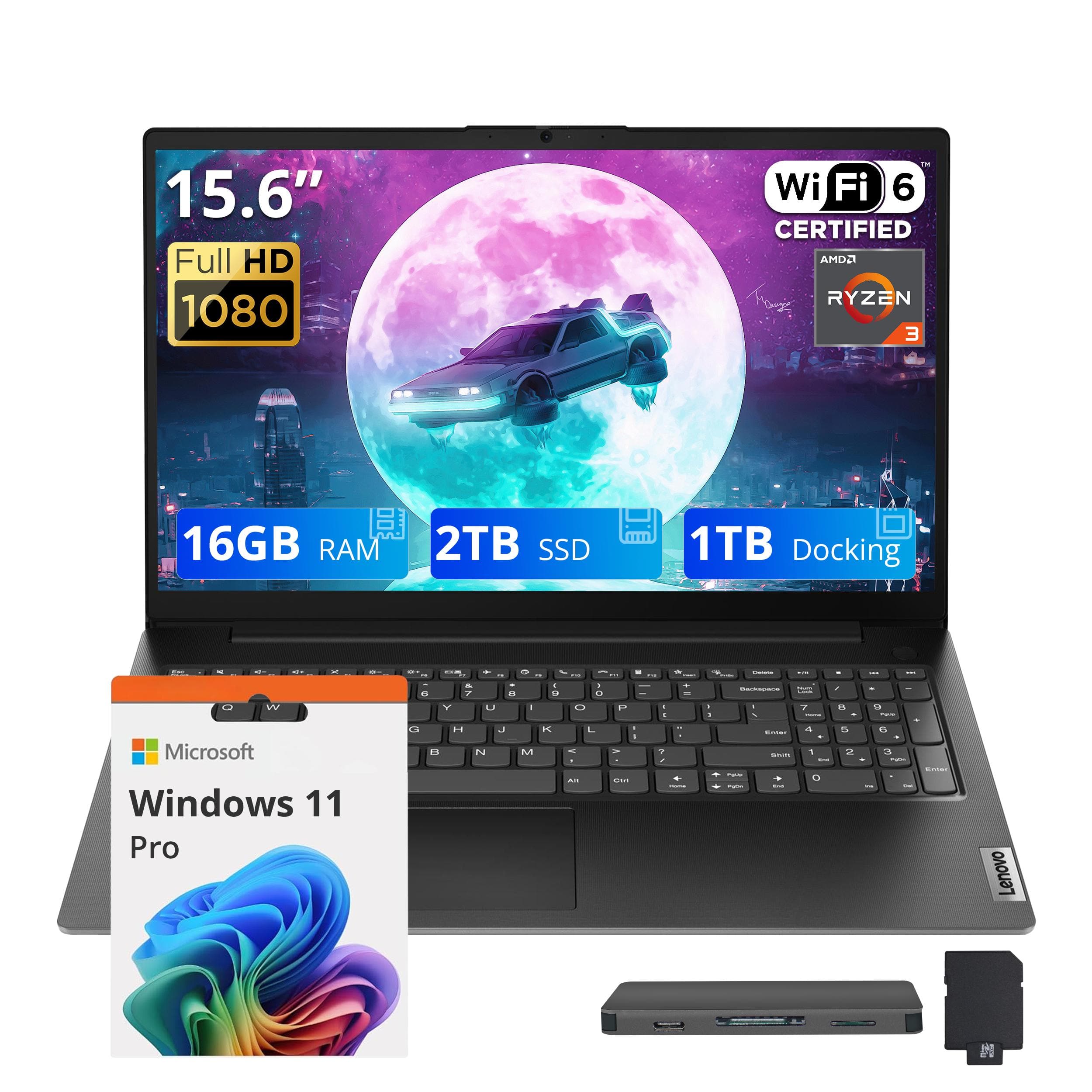 Lenovo - Upgraded - V15 G4 AMN 15.6" FHD Laptop,AMD Ryzen 3 7320U,16GB RAM,2TB SSD+1TB Dock,AMD Radeon 610M,Win 11 Pro - Black