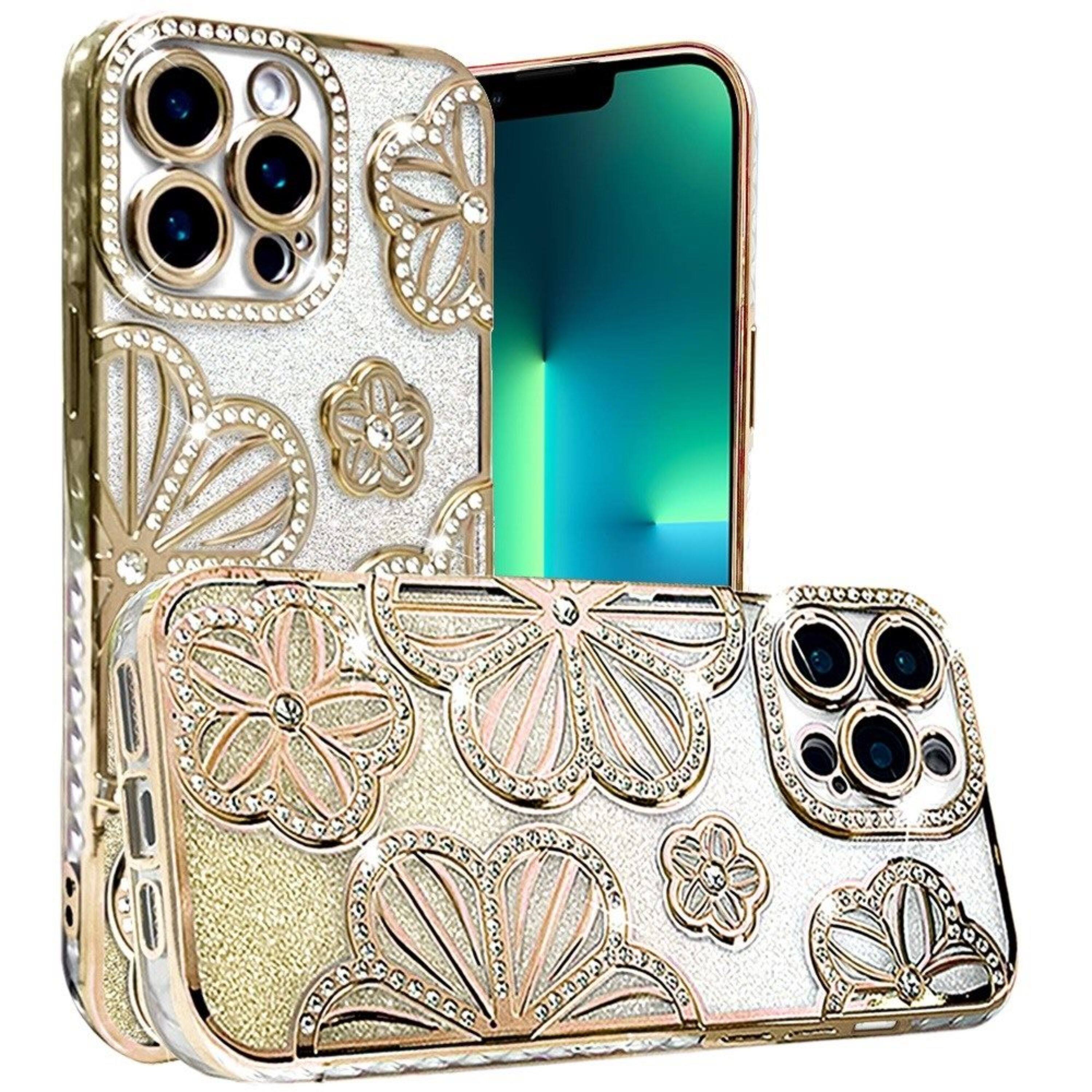 Angle. Kitcheniva - Bling Floral Case With 3D Rhinestone Glitter Cover For iPhone 13 Pro Max Gold - Gold.