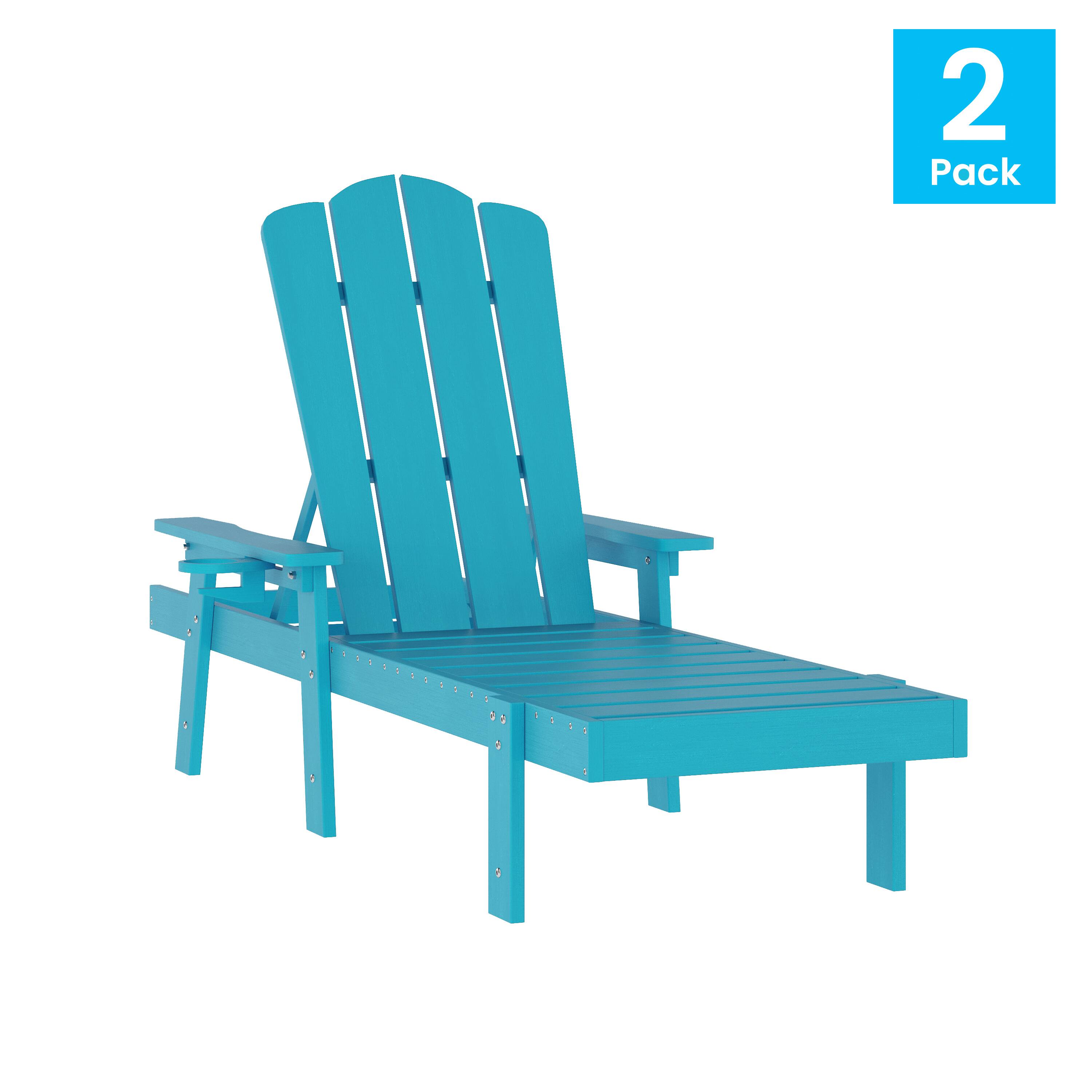 Alt View 1. Emma + Oliver - Stockton Set of 2 Recycled HDPE Adjustable Adirondack Loungers with Fold Out Cupholders for Indoor/Outdoor Use - Blue.