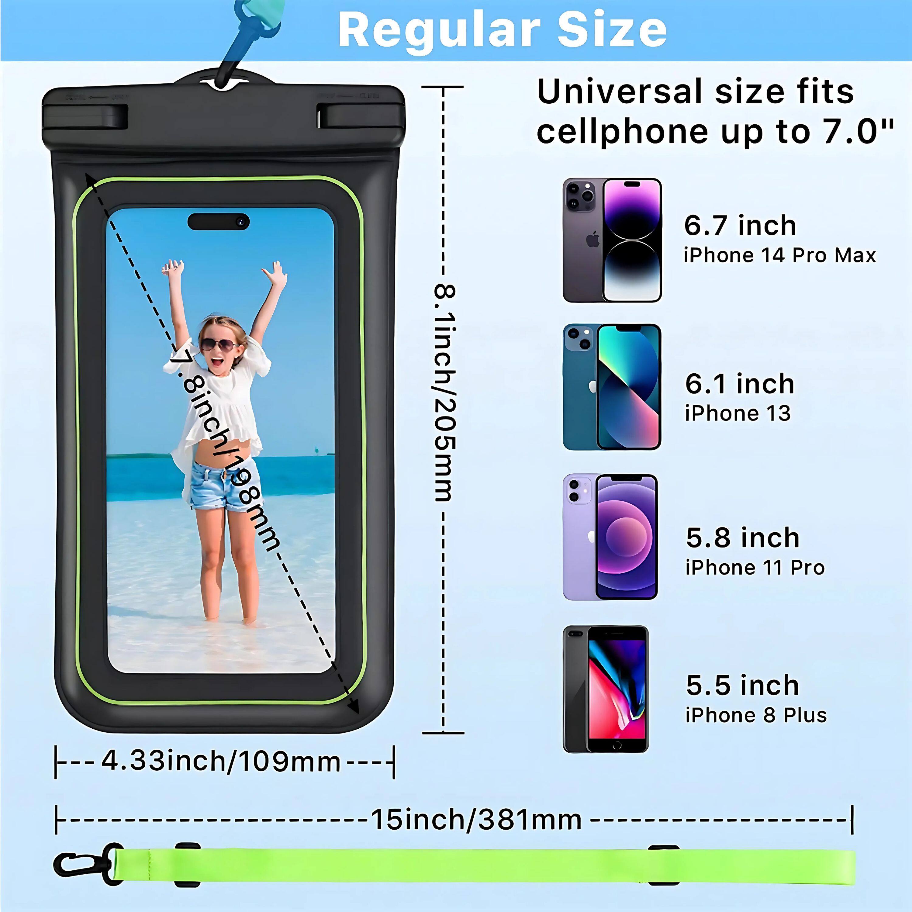 Regular Size

Universal size fits cellphone up to 7.0"

- 7.8 inch / 198mm
- 8.1 inch / 205mm
- 6.7 inch iPhone 14 Pro Max
- 6.1 inch iPhone 13
- 5.8 inch iPhone 11 Pro
- 5.5 inch iPhone 8 Plus
- 4.33 inch / 109mm
- 15 inch / 381mm