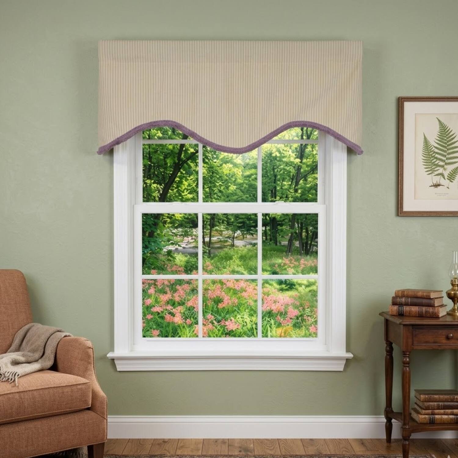 Angle. RLF Home - RLF Home Lilac Stripe Trimmed Cornice Window Valance 100% Cotton Lined Rod Pocket 50" x 17" Purple - Purple.