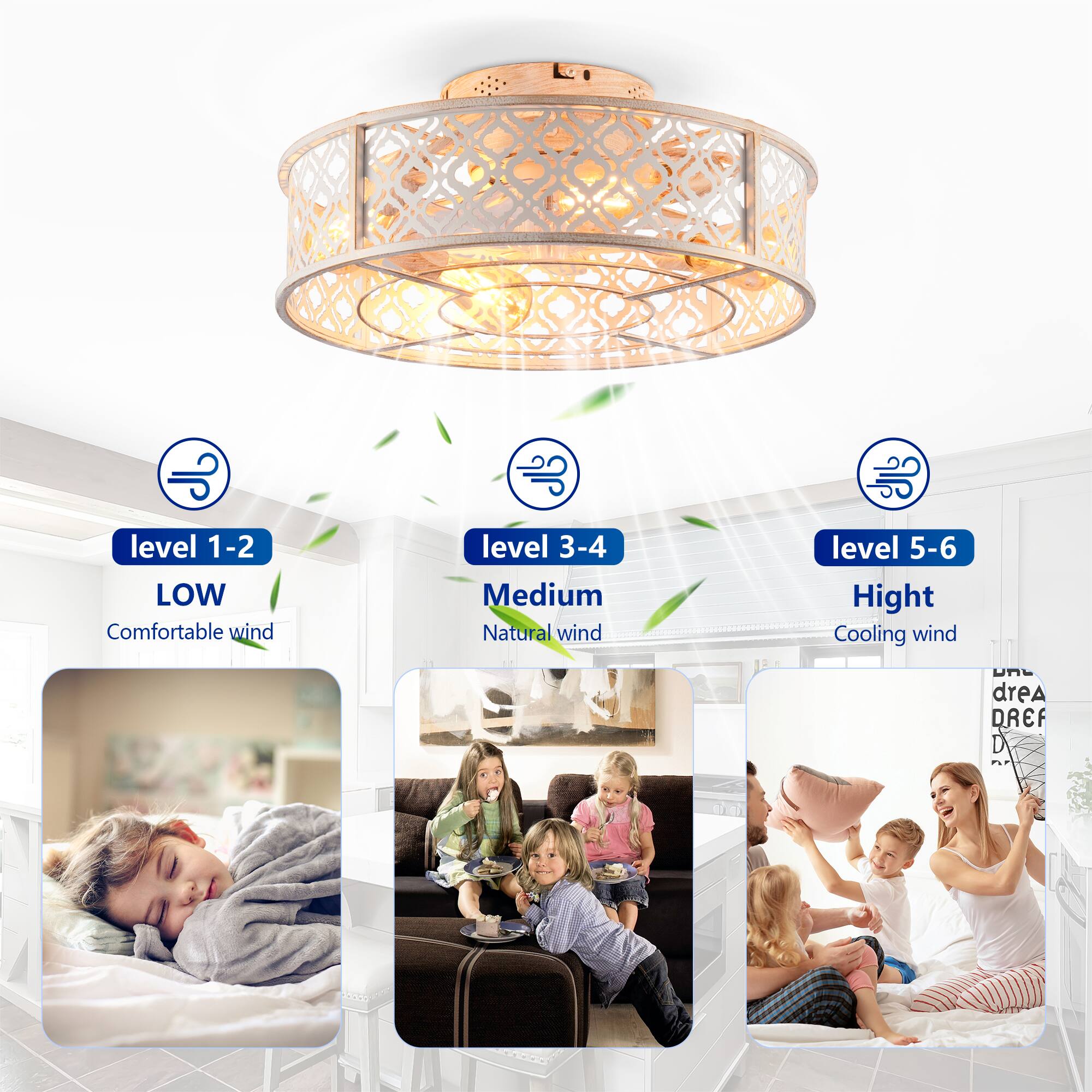 Level 1-2: LOW  
Comfortable wind

Level 3-4: Medium  
Natural wind

Level 5-6: High  
Cooling wind