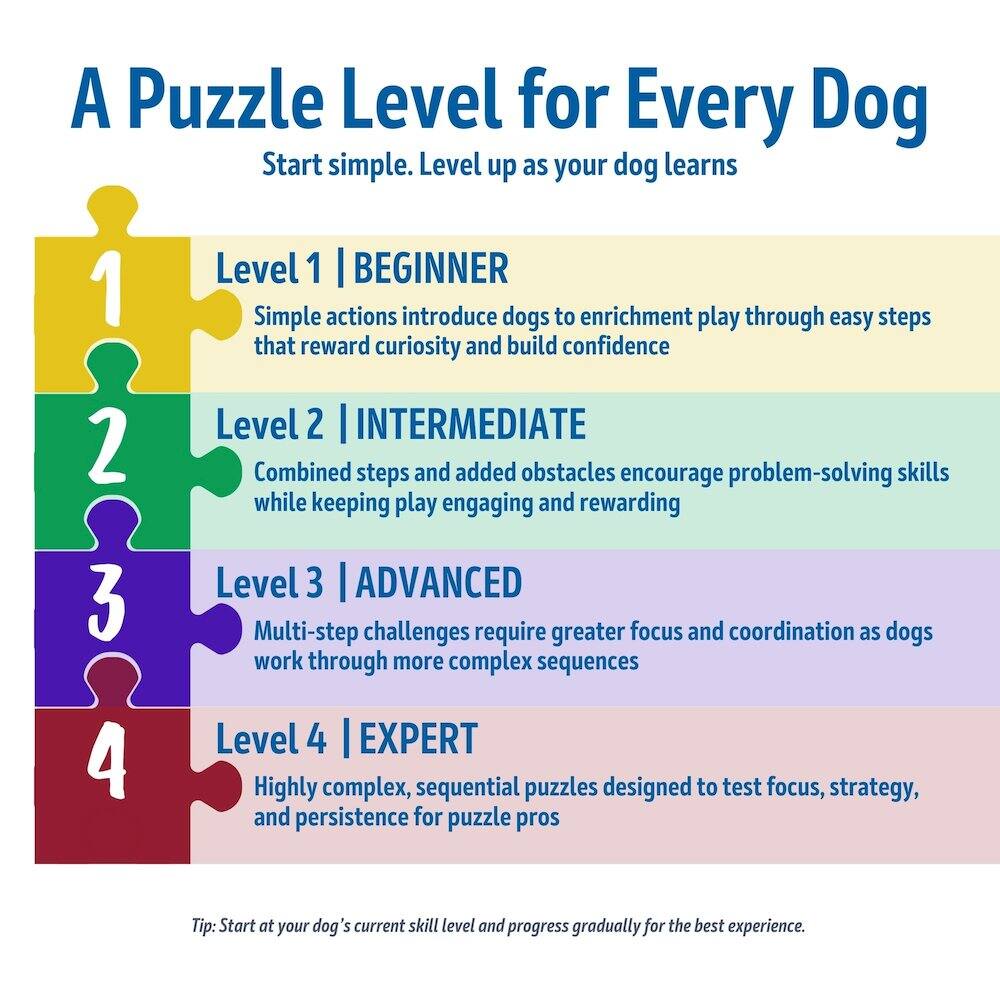 A Puzzle Level for Every Dog  
Start simple. Level up as your dog learns  

1. Level 1 | BEGINNER  
Simple actions introduce dogs to enrichment play through easy steps that reward curiosity and build confidence  

2. Level 2 | INTERMEDIATE  
Combined steps and added obstacles encourage problem-solving skills while keeping play engaging and rewarding  

3. Level 3 | ADVANCED  
Multi-step challenges require greater focus and coordination as dogs work through more complex sequences  

4. Level 4 | EXPERT  
Highly complex, sequential puzzles designed to test focus, strategy, and persistence for puzzle pros  

Tip: Start at your dog's current skill level and progress gradually for the best experience.