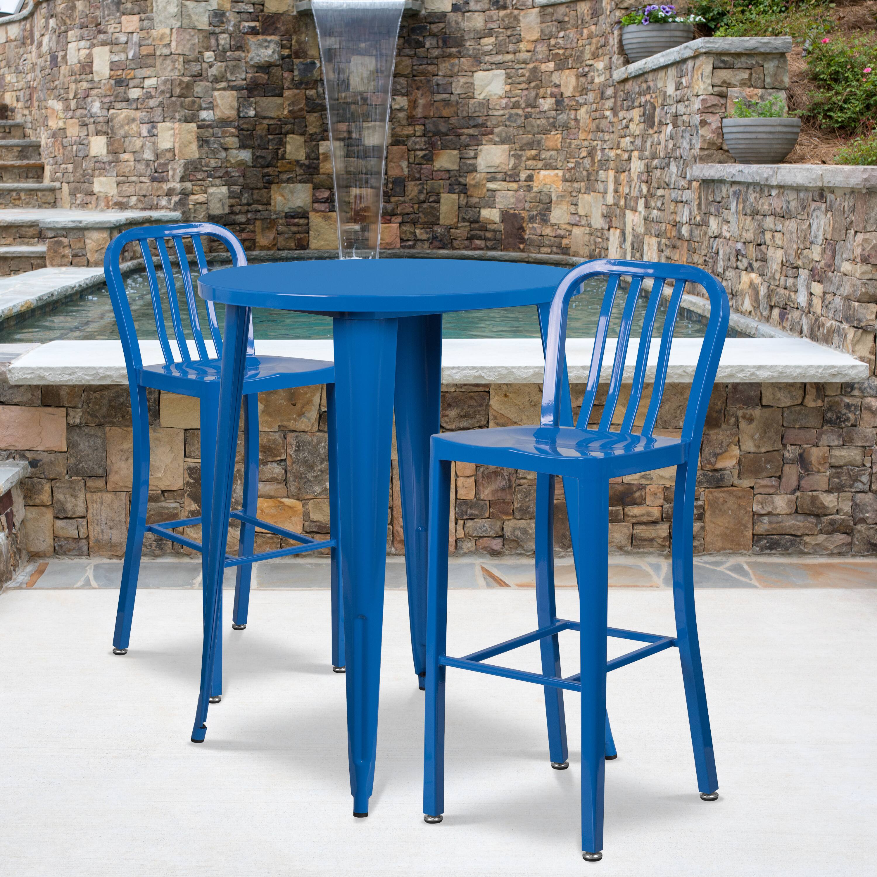 Alt View 1. Emma + Oliver - Commercial 30" Round Metal Indoor-Outdoor Bar Table Set & 2 Slat Back Stools - Blue.