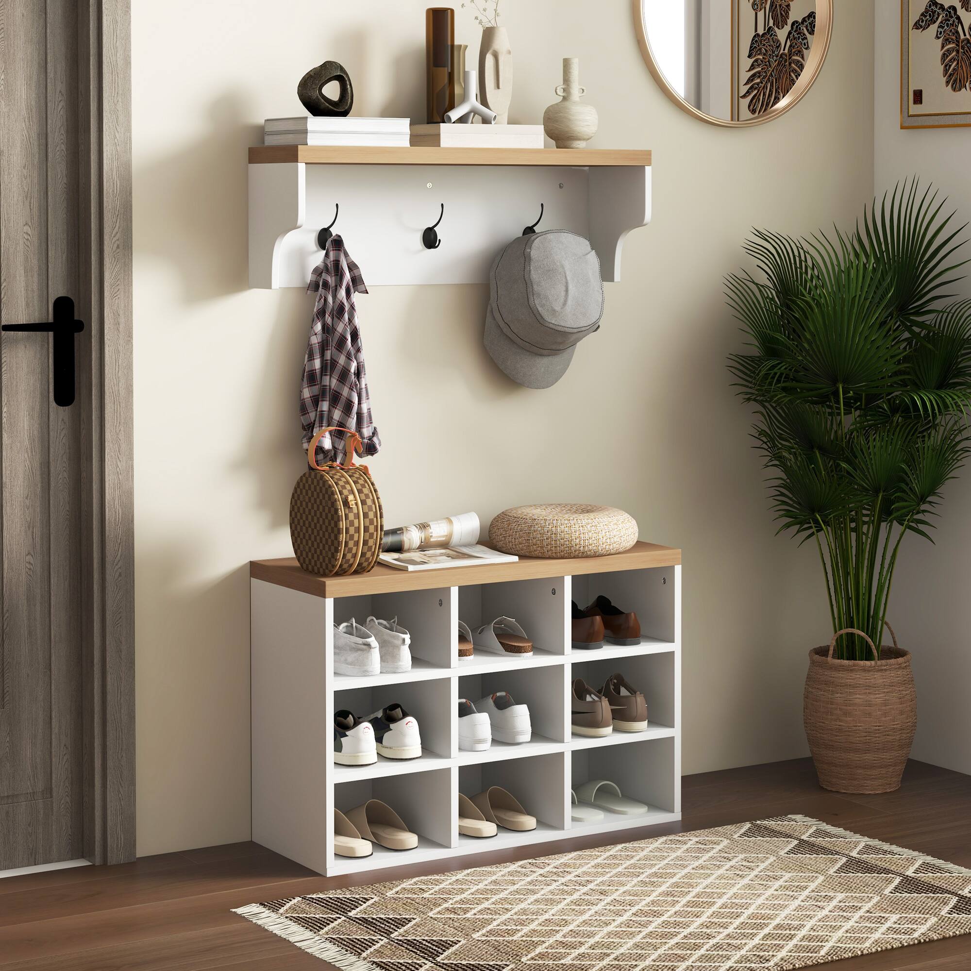 Alt View 1. Homcom - Coat Rack Shoe Bench Set, 5-Hook Hall Tree with Bench and Shoe Storage for 9 Pairs of Shoes for Entryway - White and Oak.