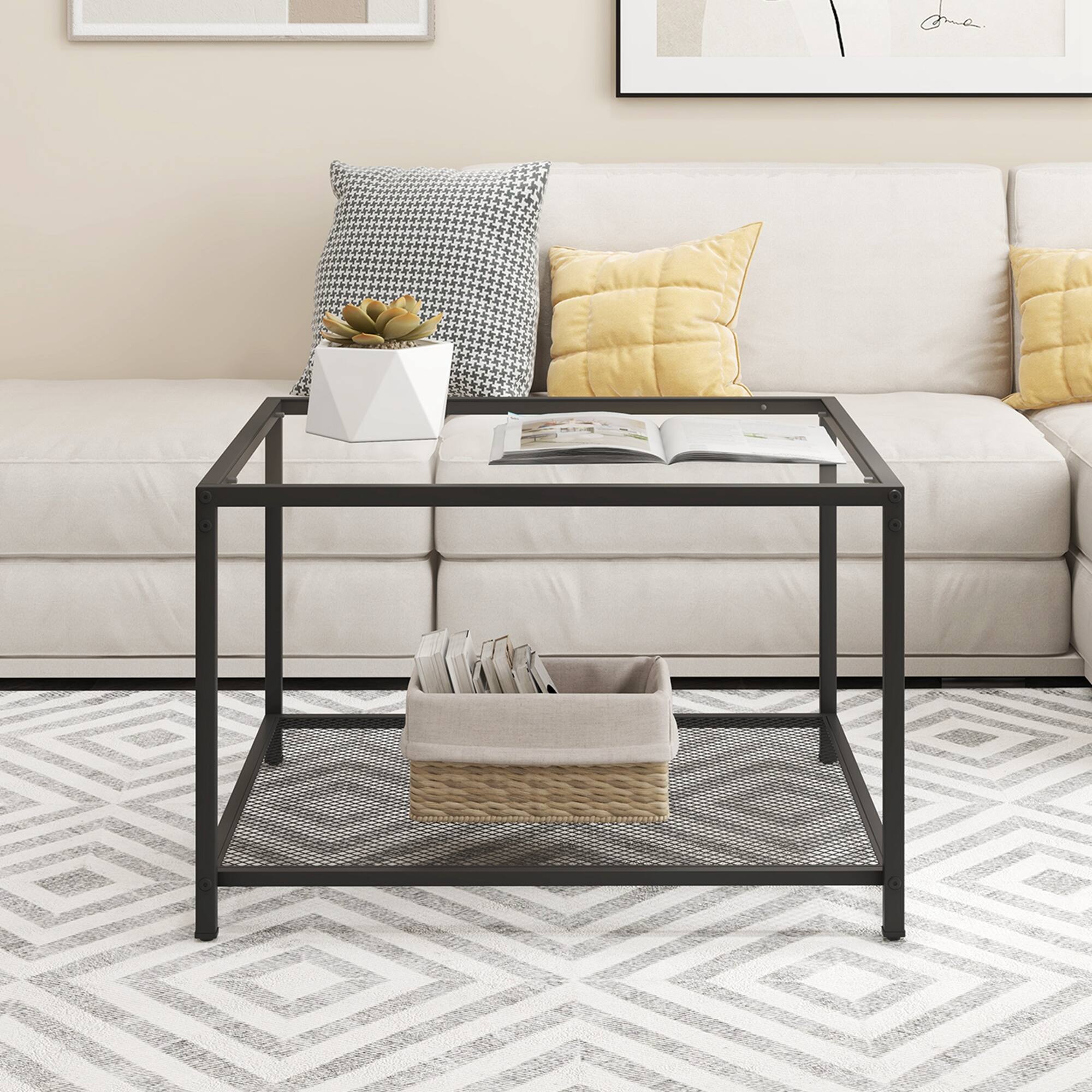 Alt View 11. Costway - Glass Coffee Table 27.5 Inch 2-Tier Square with Mesh Shelf Living Room Transparent - Transparent and Black.