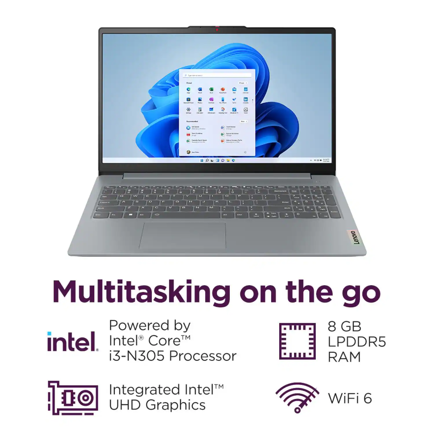 Lenovo, Multitasking on the go, Powered by Intel Core™ i3-N305 Processor, 8 GB LPDDR5 RAM, Integrated Intel UHD Graphics, WiFi 6
