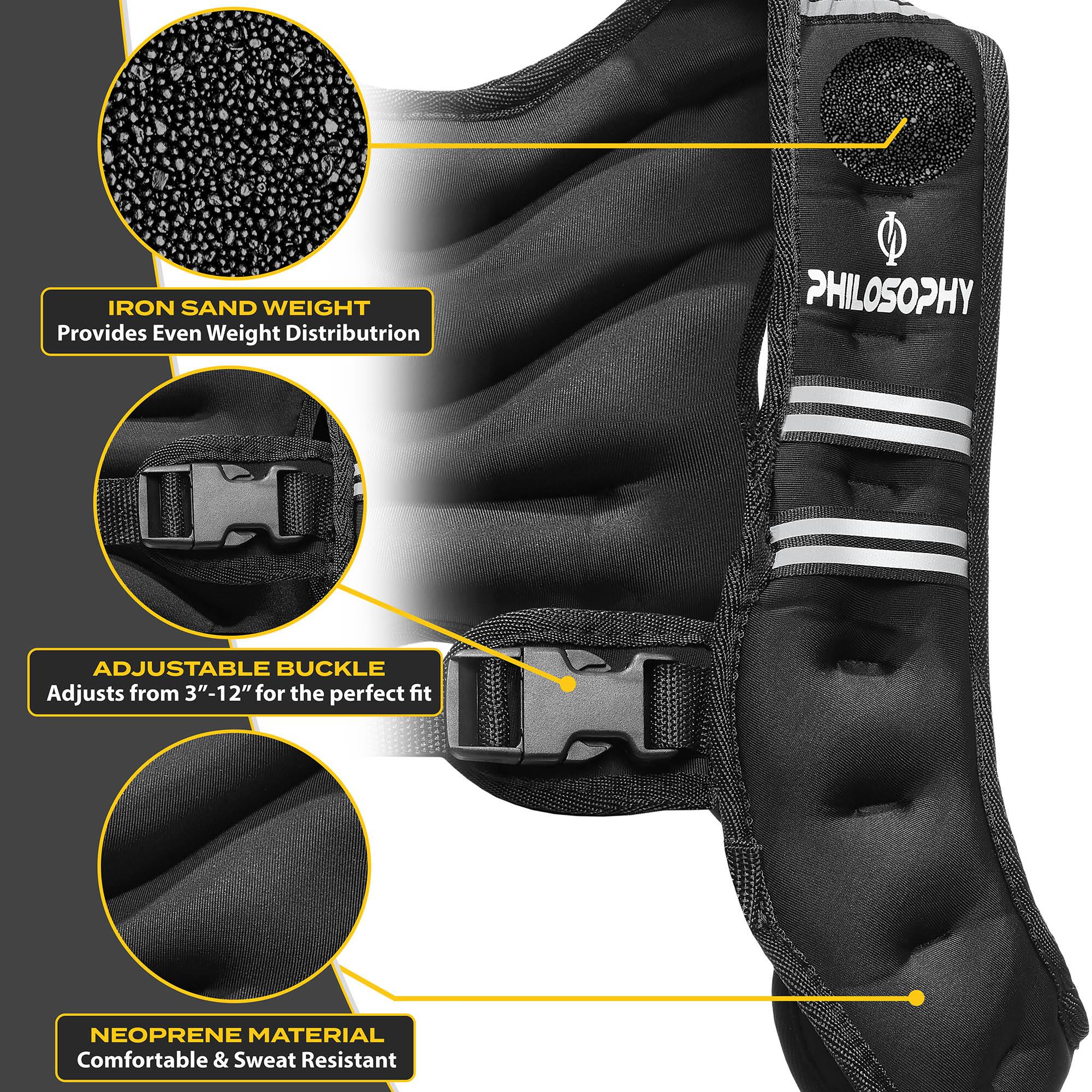 IRON SAND WEIGHT  
Provides Even Weight Distribution  

PHILOSOPHY  

ADJUSTABLE BUCKLE  
Adjusts from 3"-12" for the perfect fit  

NEOPRENE MATERIAL  
Comfortable & Sweat Resistant