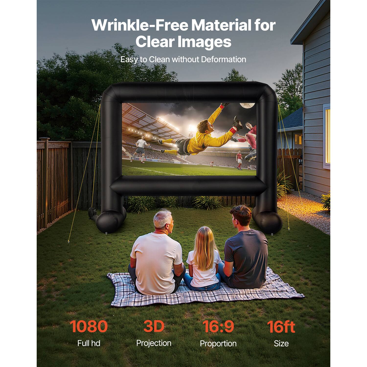Wrinkle-Free Material for Clear Images, Easy to Clean without Deformation, 1080 Full hd, 3D Projection, 16:9 Proportion, 16ft Size