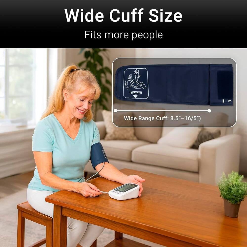 Wide Cuff Size  
Fits more people  

Wide Range Cuff: 8.5" - 16/5"