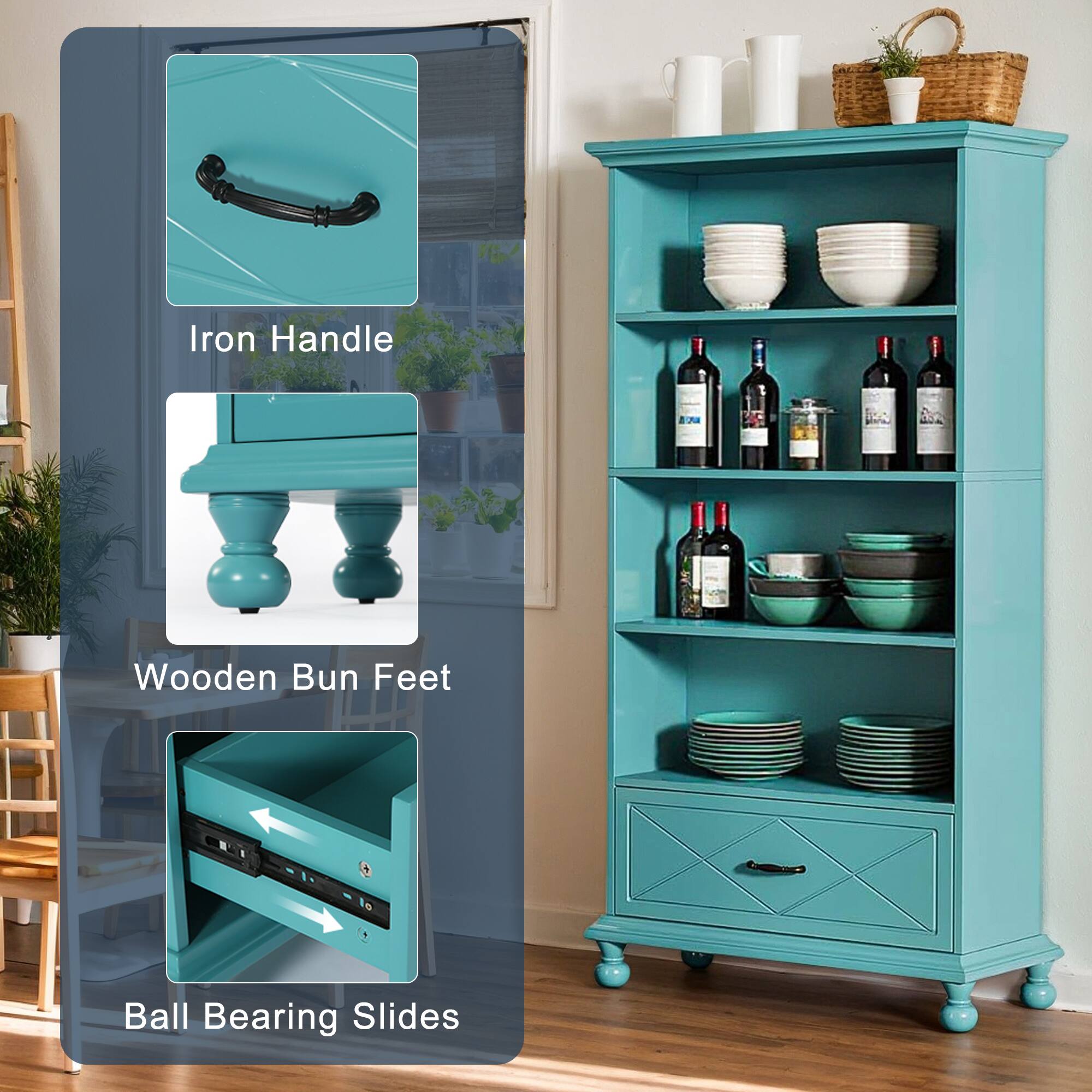 Iron Handle  
Wooden Bun Feet  
Ball Bearing Slides