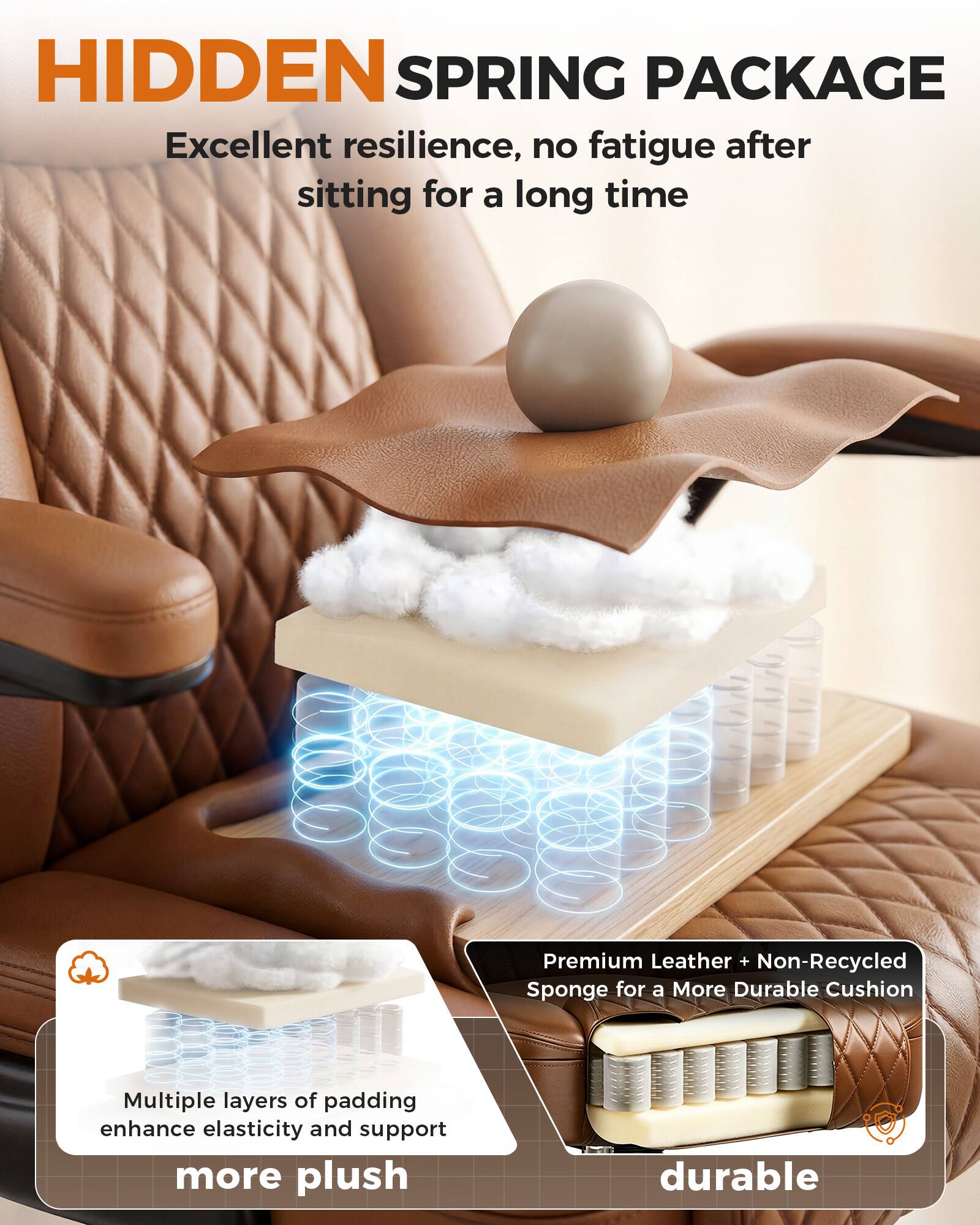 HIDDEN SPRING PACKAGE

Excellent resilience, no fatigue after sitting for a long time

Premium Leather + Non-Recycled Sponge for a More Durable Cushion

Multiple layers of padding enhance elasticity and support

more plush

durable