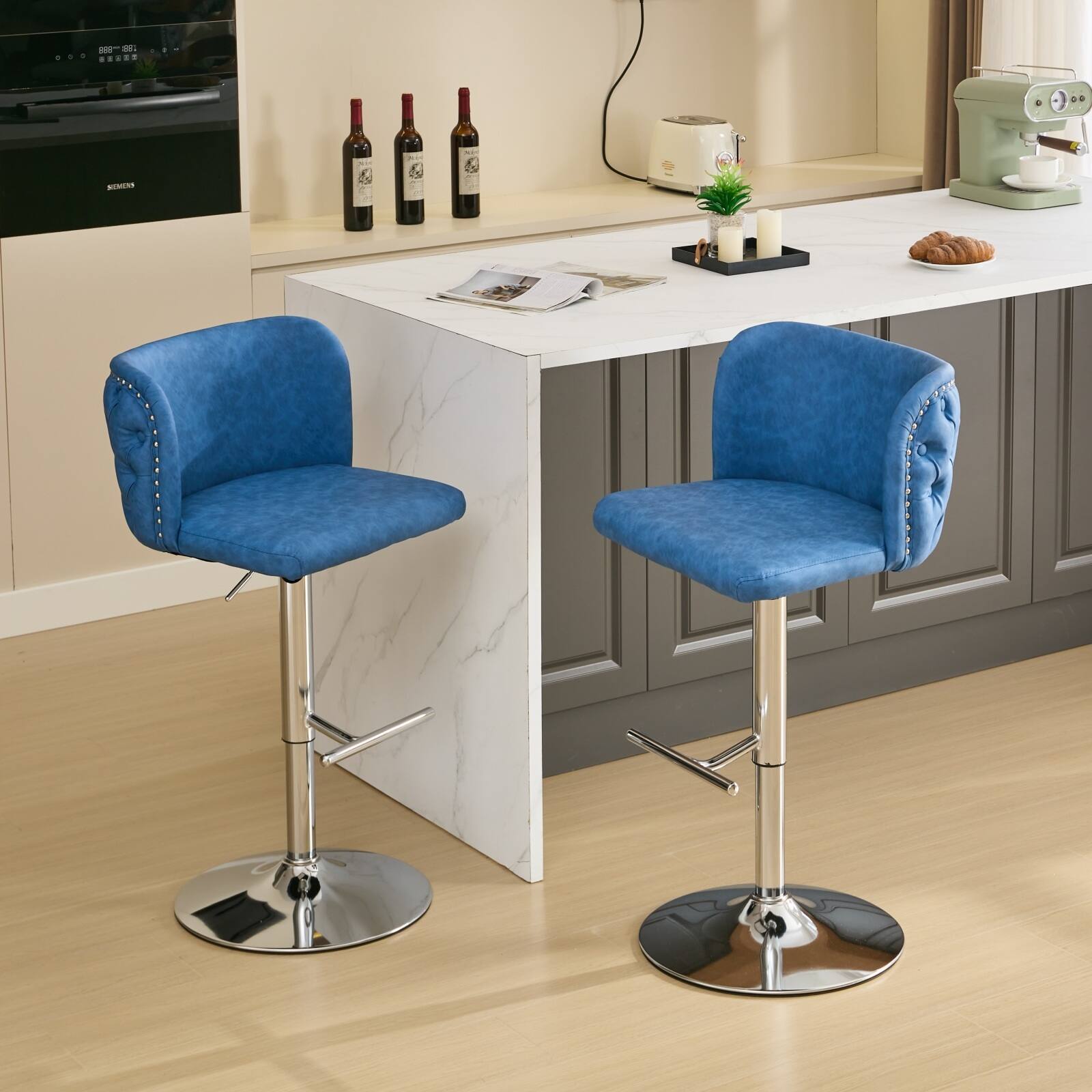 Left. Trinkets Crazed - Swivel Barstools Set of 2, Adjusatble Seat Height with Silver Legs, Classic PU Upholstered Bar Stools - Blue.