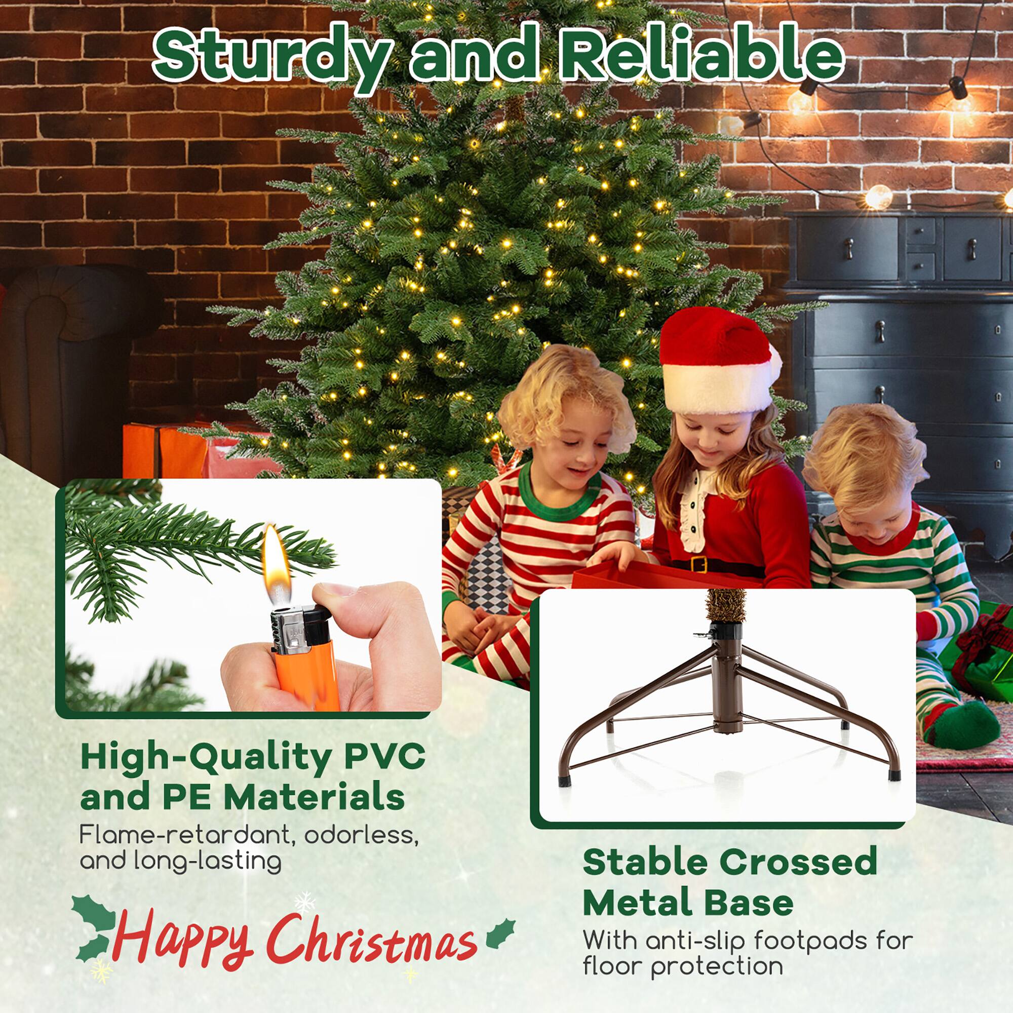 Sturdy and Reliable

High-Quality PVC and PE Materials  
Flame-retardant, odorless, and long-lasting

Stable Crossed Metal Base  
With anti-slip footpads for floor protection

Happy Christmas