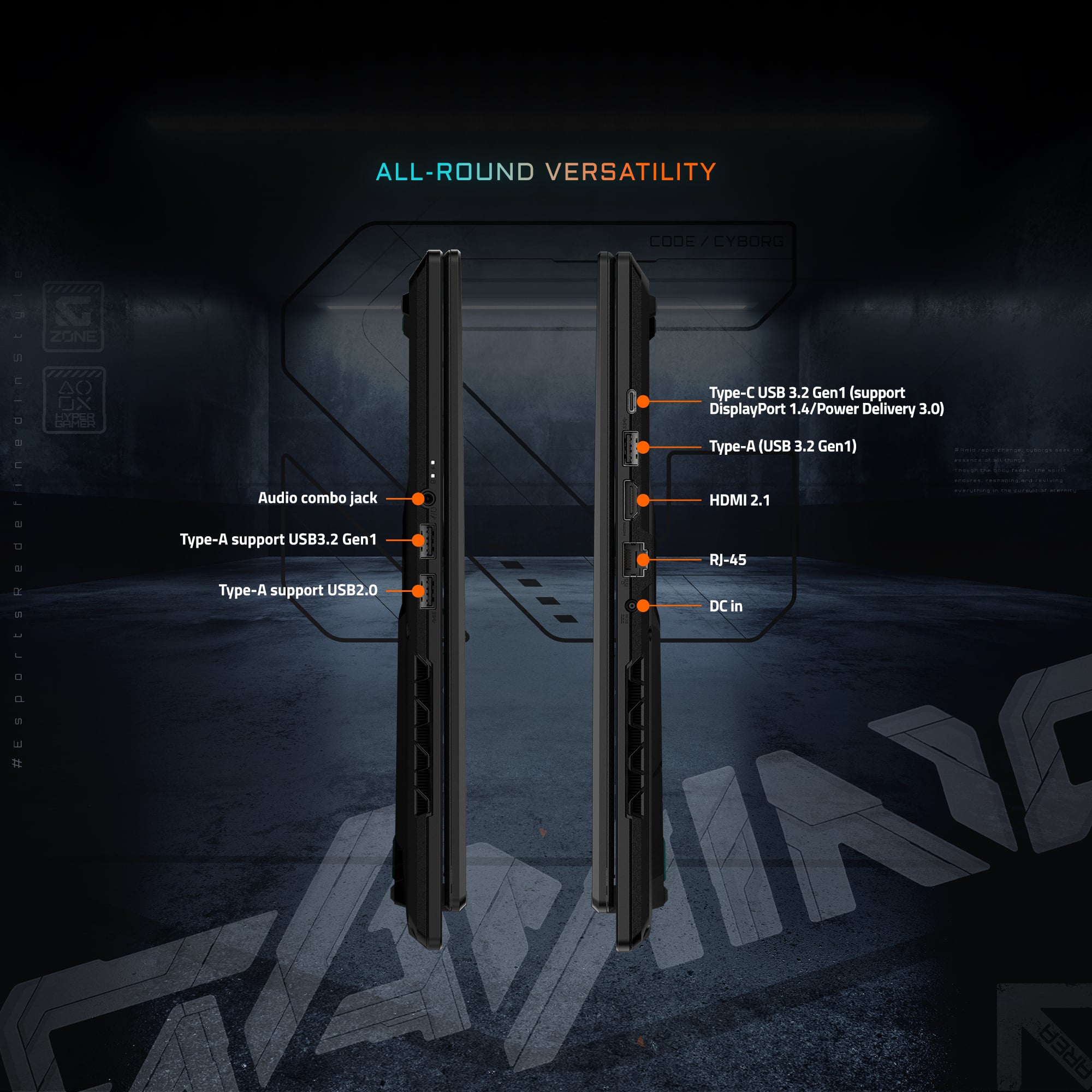 ALL-ROUND VERSATILITY CODE CYBORG ZONE
Type-C (USB 3.2 Gen1) (support DisplayPort 1.4/Power Delivery 3.0)
Type-A (USB 3.2 Gen1)
Audio combo jack
HDMI 2.1
RJ-45
Type-A (USB 2.0)
DC in