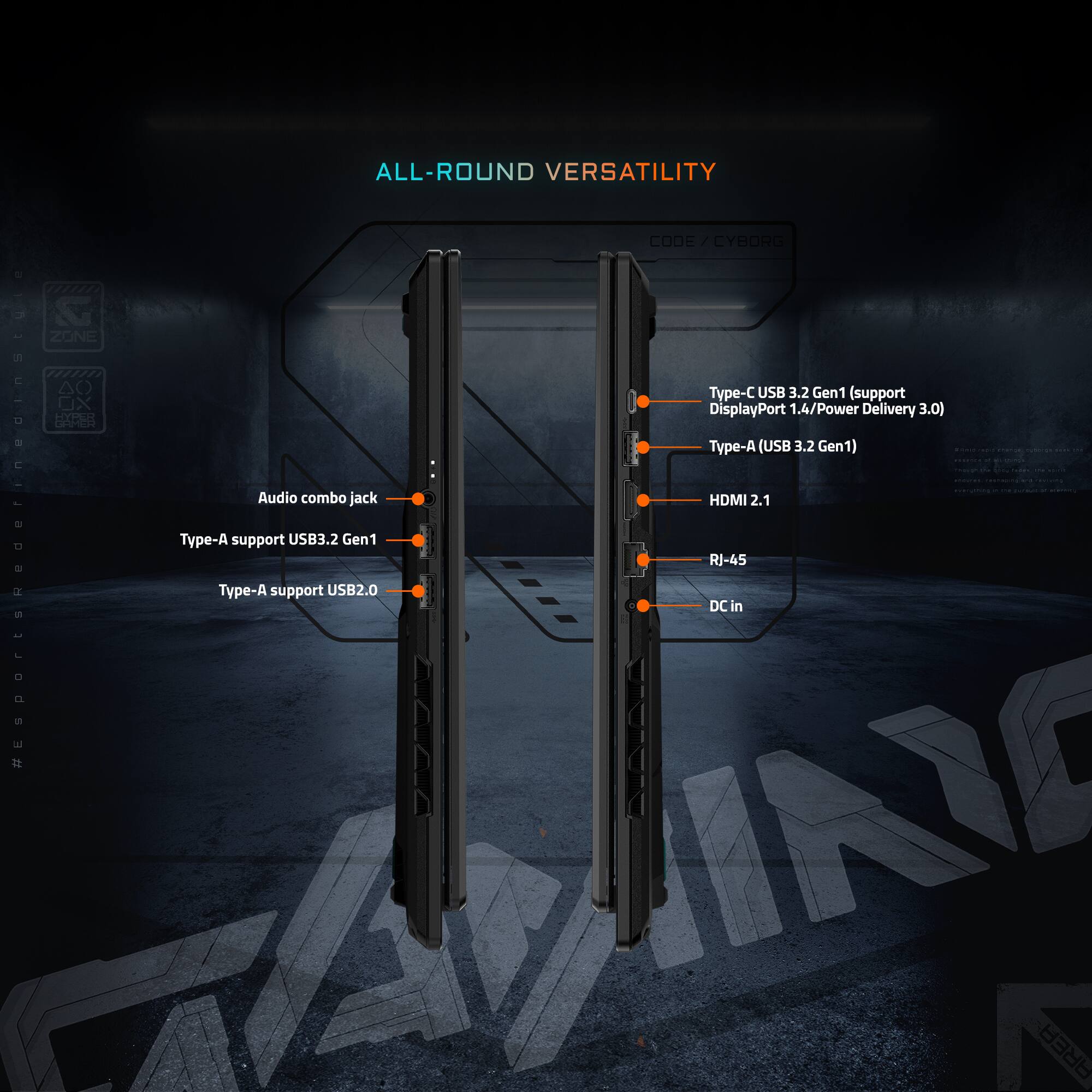 ALL-ROUND VERSATILITY CODE CYBORG ZONE

Type-C (USB 3.2 Gen1) (support DisplayPort 1.4/Power Delivery 3.0)
Type-A (USB 3.2 Gen1)
Audio combo jack
HDMI 2.1
RJ-45
Type-A (USB 2.0)
DC in