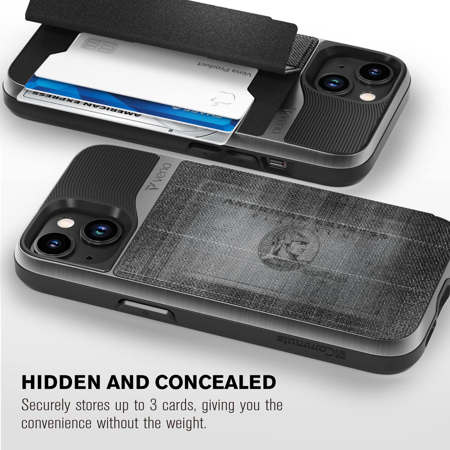 HIDDEN AND CONCEALED
Securely stores up to 3 cards, giving you the convenience without the weight.