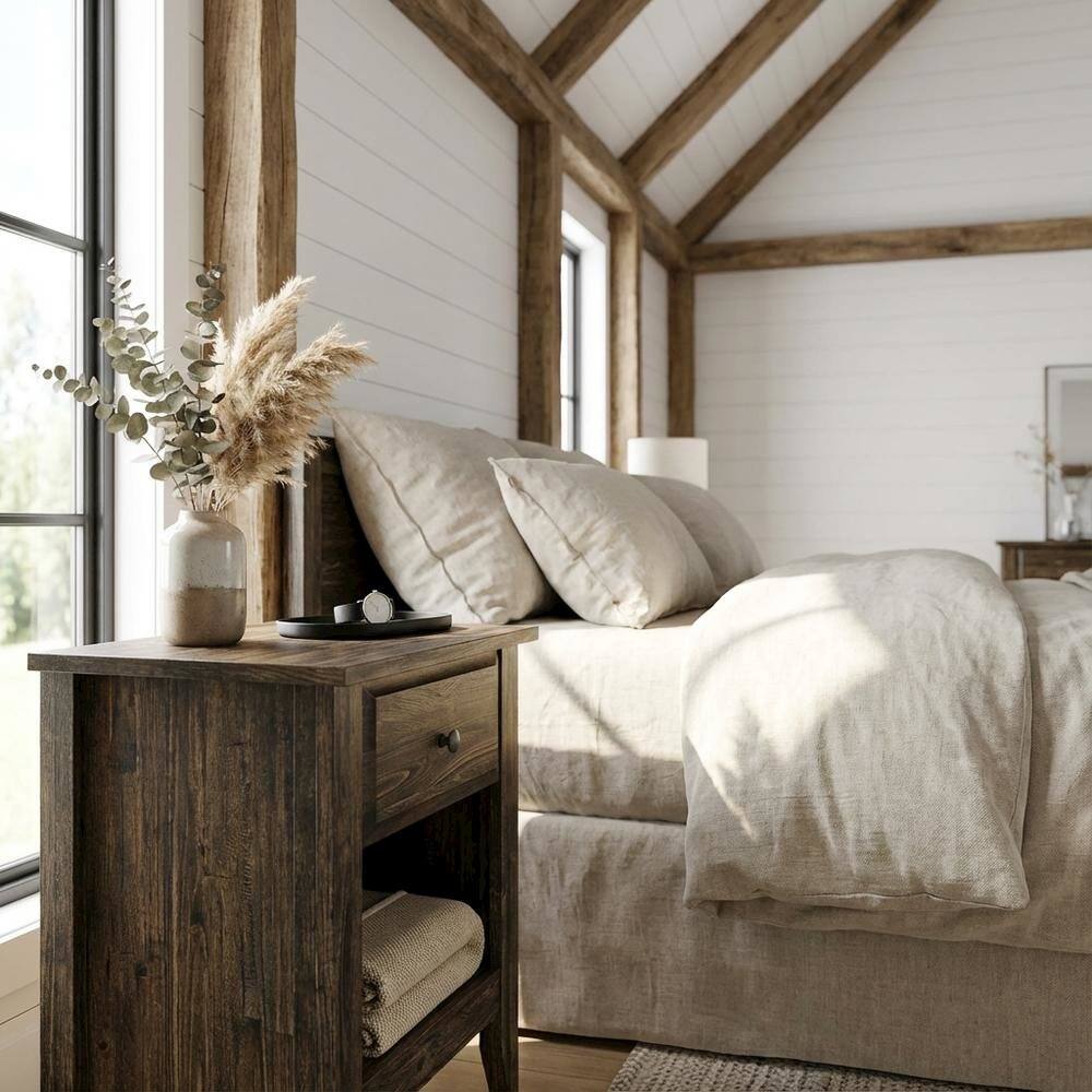 Alt View 2. FurniFact - Distressed Jacobean Nightstand with Wooden Drawer and Sturdy Construction - Distressed Jacobean.