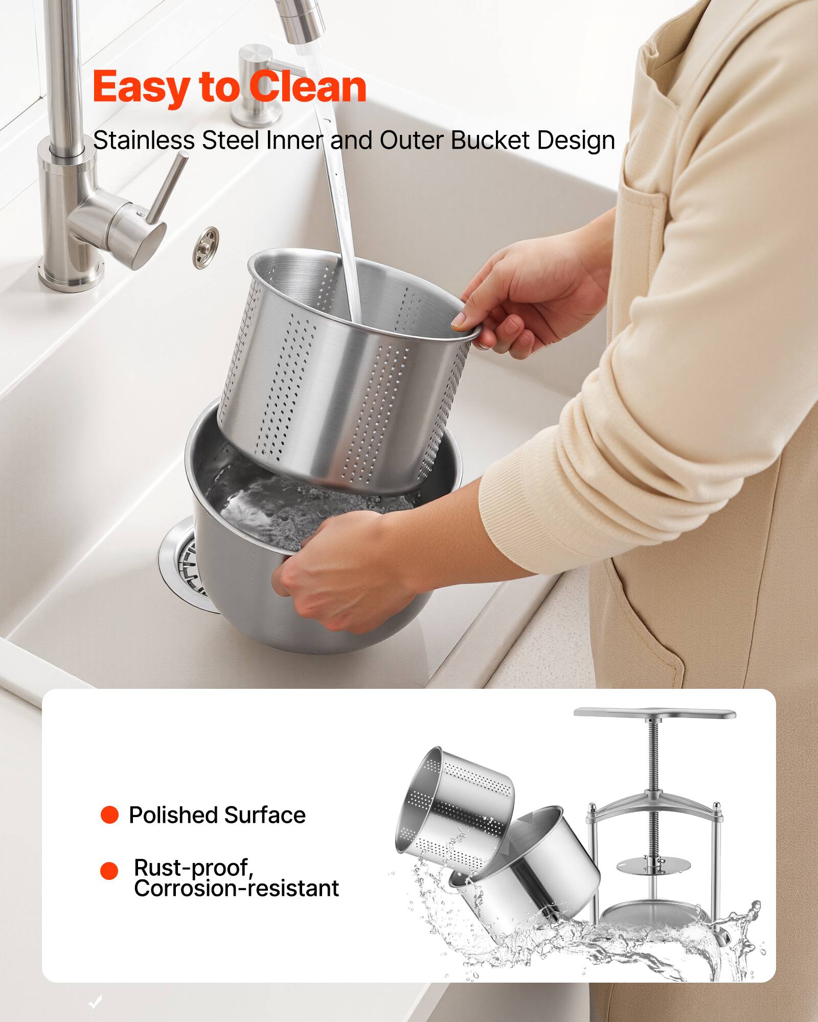 Easy to Clean Stainless Steel Inner and Outer Bucket Design

- Polished Surface
- Rust-proof, Corrosion-resistant