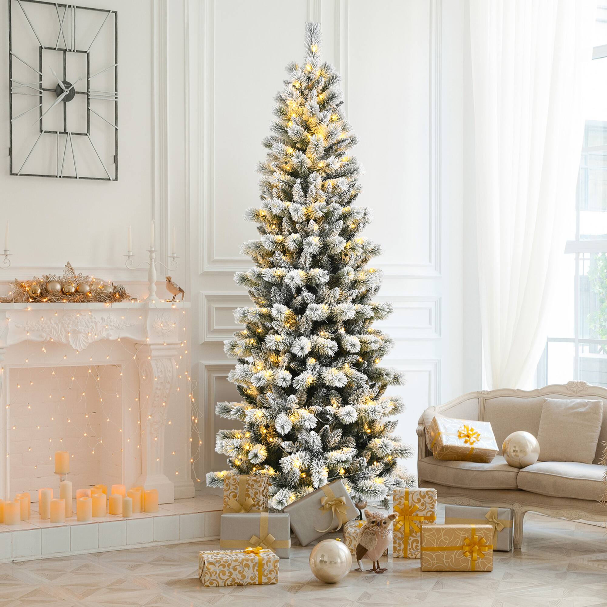 Alt View 4. Gymax - Gymax 8 ft Pre-lit Snow Flocked Artificial Christmas Tree w/ Multi-Color LED Lights - White.