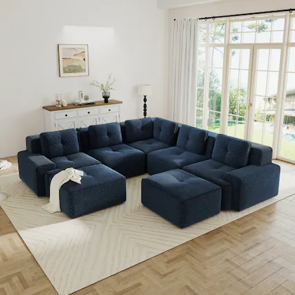 Front. Anysun - V-Shape Corduroy 5-Seat Modular Sectional Sofa - Deep-Seat Couch with 2 Ottomans, Pearl Piping, Tufted, No Assembly - Blue.