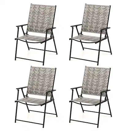 Front. Gymax - Gymax Set of 4 Folding Chairs w/ Armrests Metal Frame for Garden No Assembly Patio - Gray.