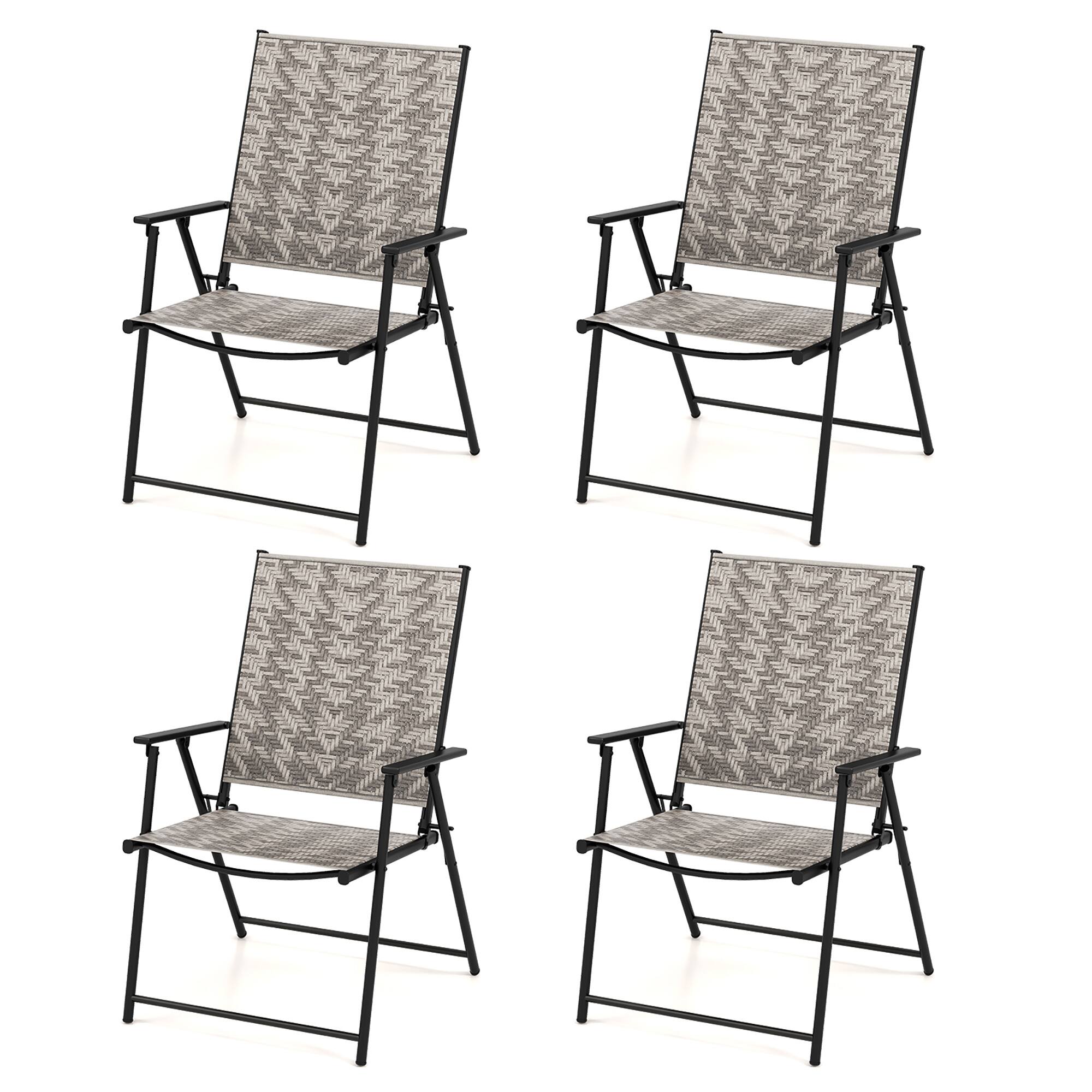 Front. Gymax - Gymax Set of 4 Folding Chairs w/ Armrests Metal Frame for Garden No Assembly Patio - Gray.
