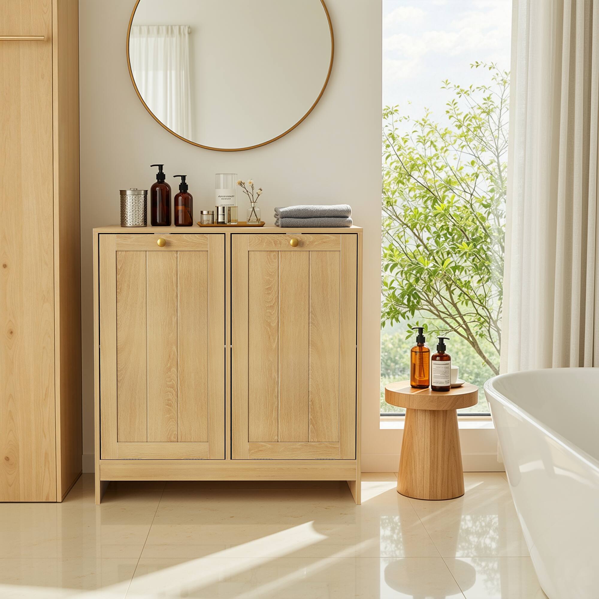 Alt View 9. Loheer - Loheer Tilt Out Laundry Hamper Cabinet Oak Hidden Bathroom Laundry Sorter with Removable Baskets - Oak.