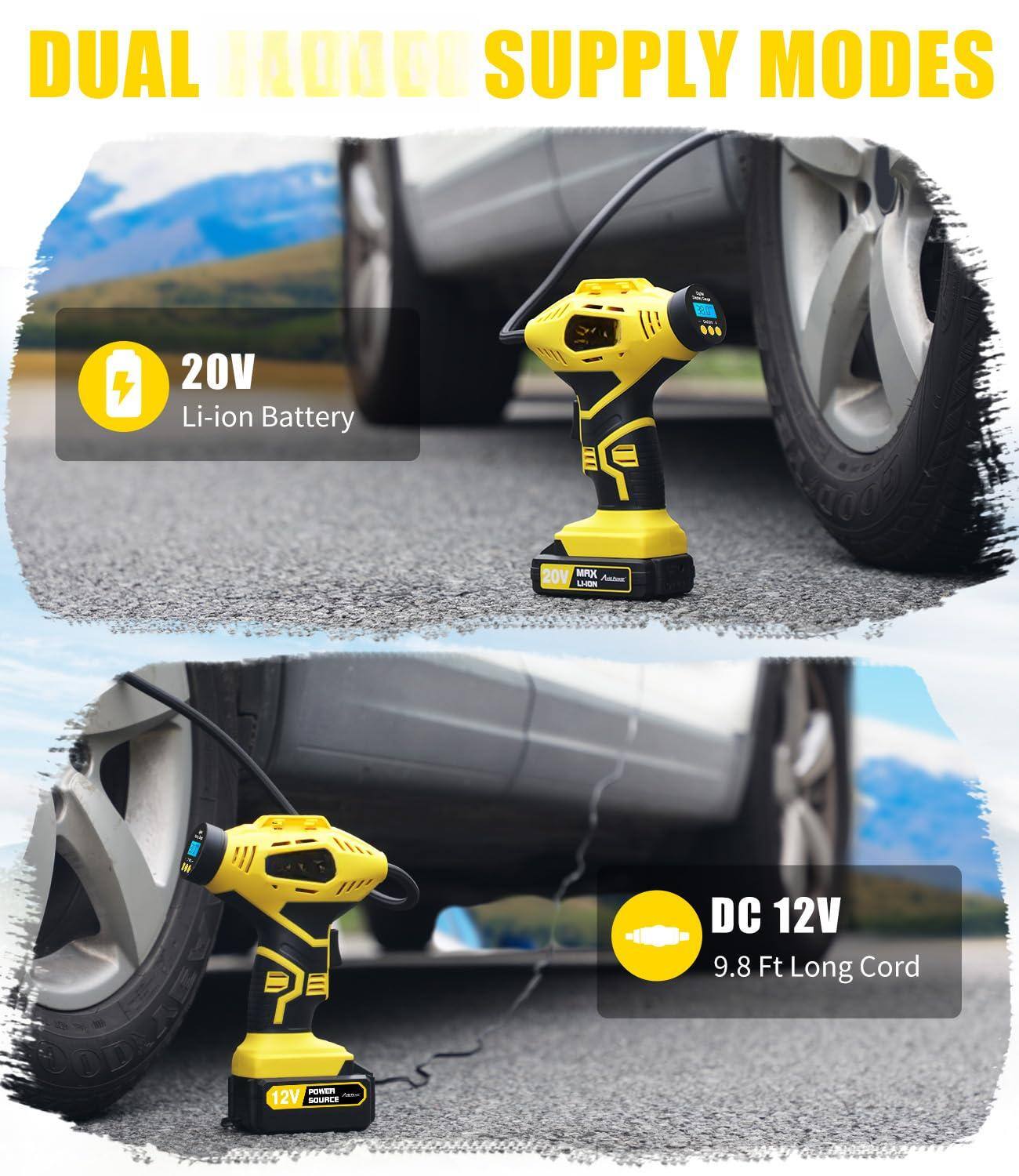 DUAL POWER SUPPLY MODES

- 20V Li-ion Battery
- DC 12V 9.8 Ft Long Cord