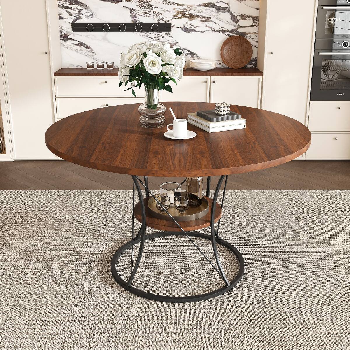 Alt View 7. Loheer - Loheer 43 to 59 inch Extendable Round Dining Table, Walnut Veneer, Black Metal Base - Brown and black.