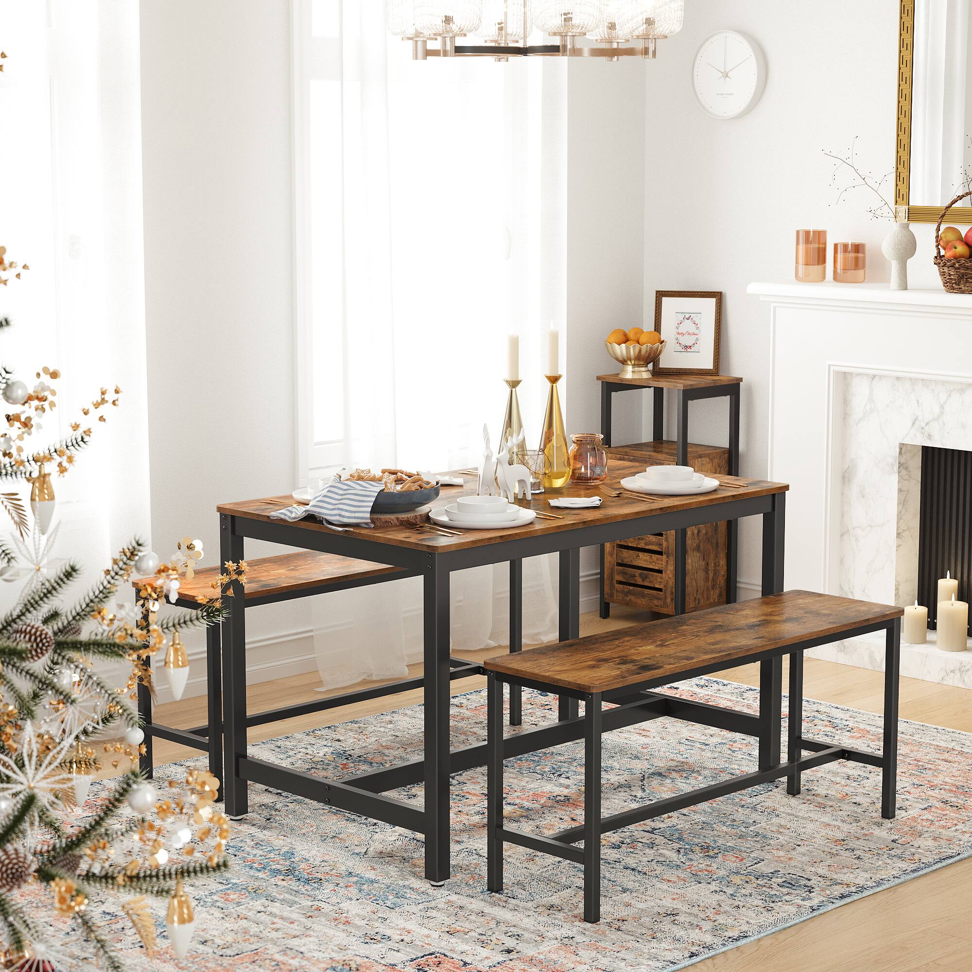 Angle. Songmics Home - Dining Bench, Pair of 2, Industrial Style, Steel Frame, for Kitchen, Living Room, 12.8" D x 42.5" W x 19.7" H - Rustic Brown.