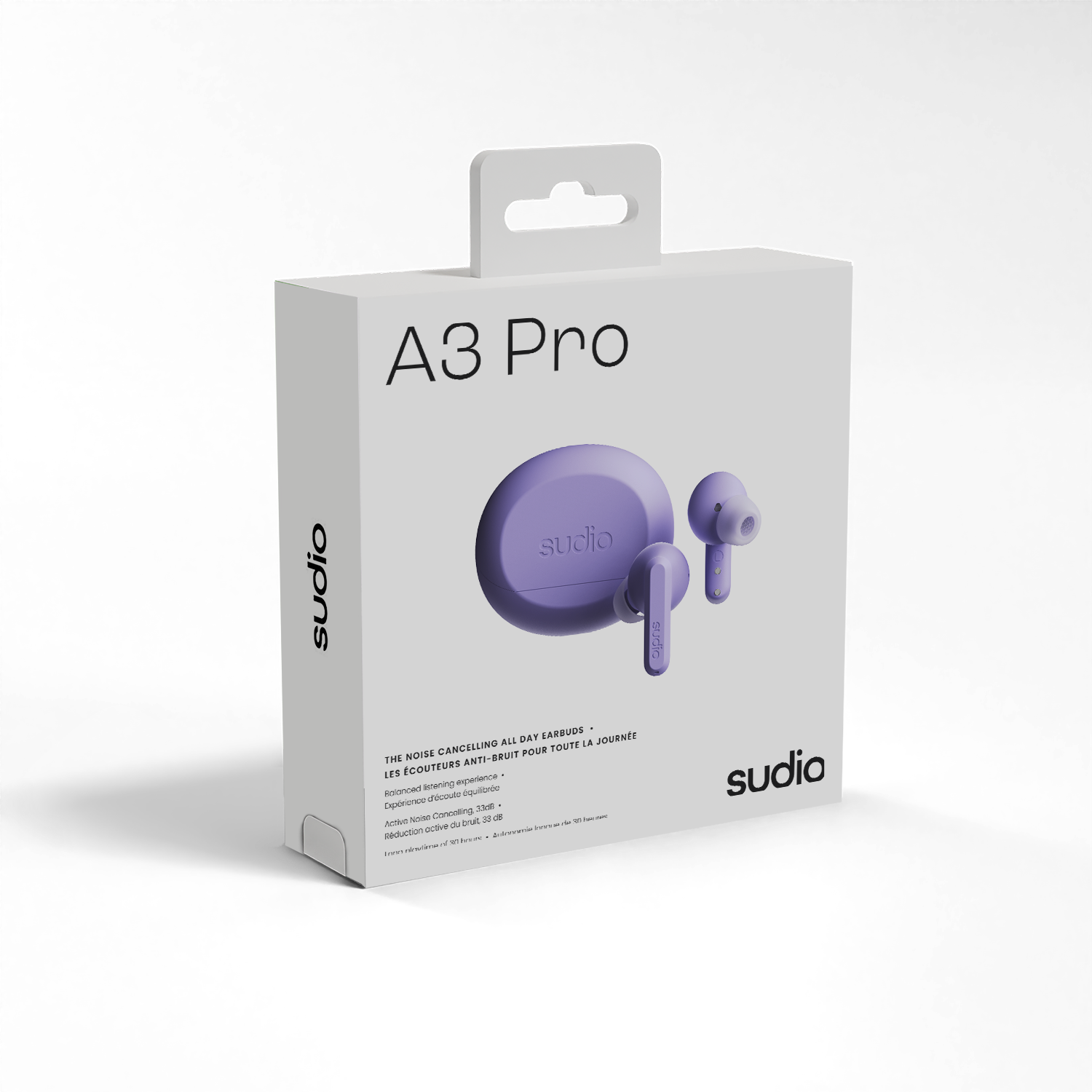 A3 Pro  
sudio  
EARBUDS - TOUTE LA JOURNÉE  

THE NOISE CANCELLING ALL DAY  
LES ÉCOUTEURS ANTI-BRUIT POUR TOUTE LA JOURNÉE  

- Rotated and discreet design  
- Depuision Controling 33dB  
- Active Noise Cancelling  
- Réduction active du bruit 33dB  

- Tenno experience  
- brening experience  
- 3 N contolling  
- deta reduction actie  
- AI