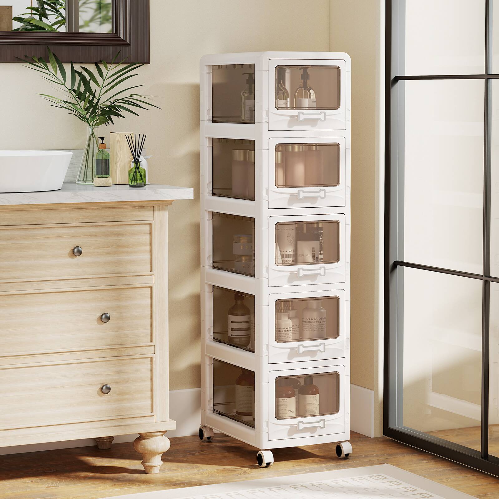 Alt View 3. Gymax - Gymax 5-Tier Plastic Drawer Storage Organizer w/3 Drawers & Lockable Wheels for Home - White.
