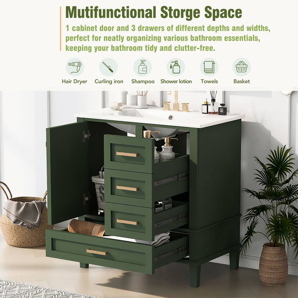 Mutifunctional Storage Space  
1 cabinet door and 3 drawers of different depths and widths, perfect for neatly organizing various bathroom essentials, keeping your bathroom tidy and clutter-free.  
Hair Dryer Curling iron Shampoo Shower lotion Towels Basket