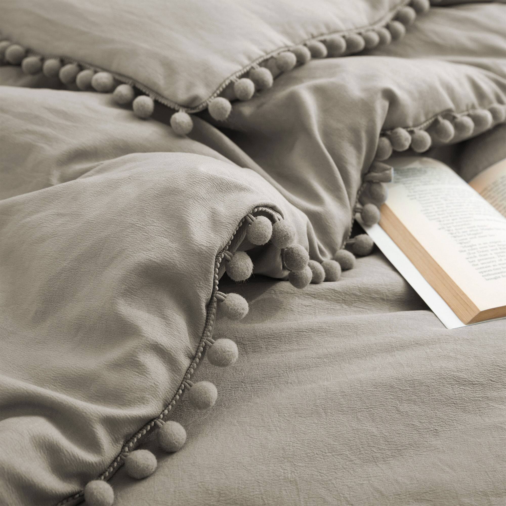 Back. Peace Nest - Peace Nest 3 Piece Pom Pom Comforter Set - Khaki.