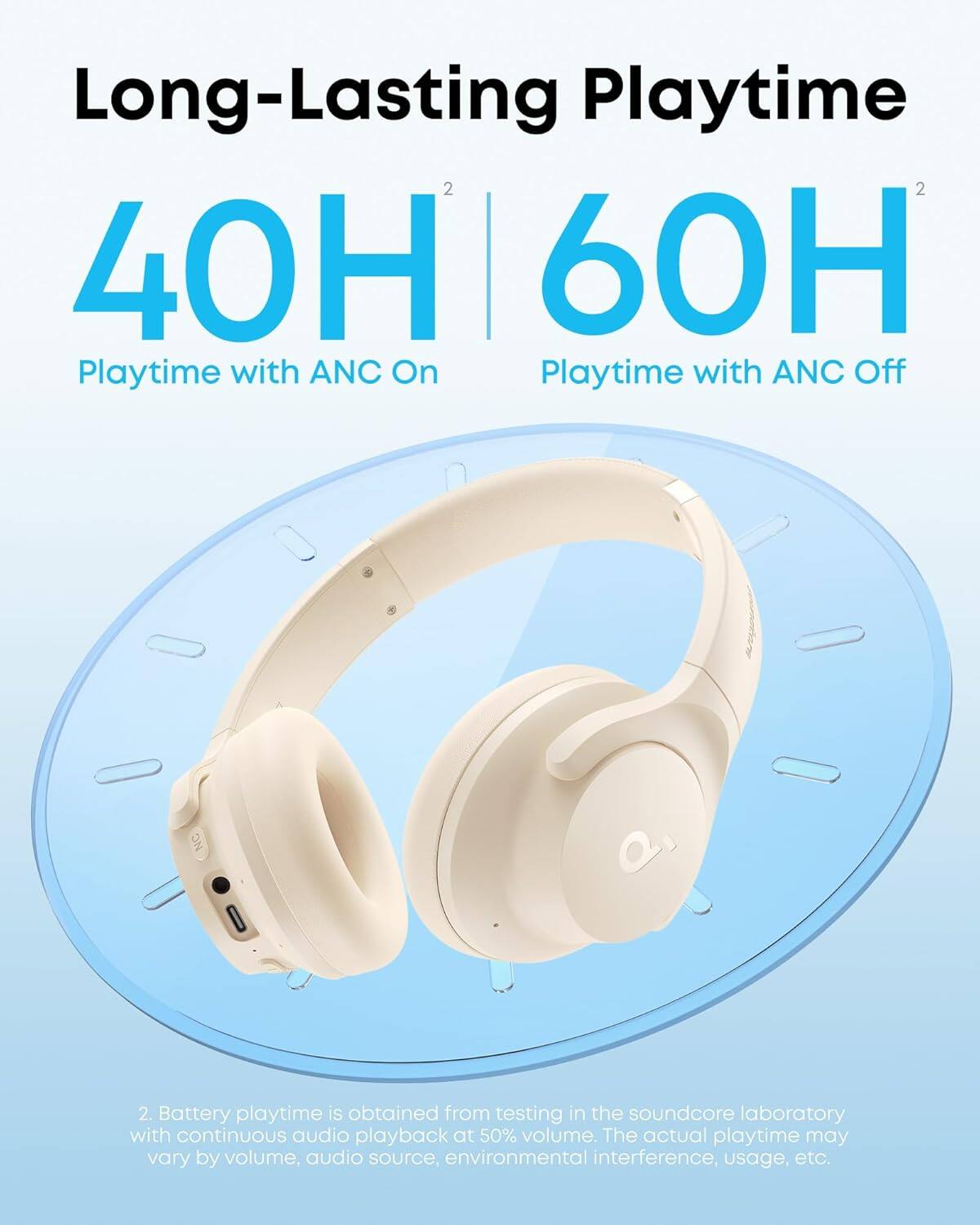 Long-Lasting Playtime

40H² Playtime with ANC On

60H² Playtime with ANC Off

2. Battery playtime is obtained from testing in the soundcore laboratory with continuous audio playback at 50% volume. The actual playtime may vary by volume, audio source, environmental interference, usage, etc.