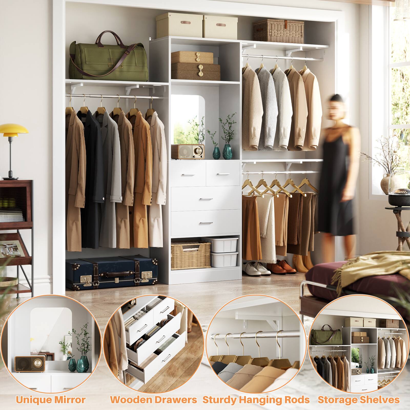 8 Unique Mirror Wooden Drawers Sturdy Hanging Rods Storage Shelves