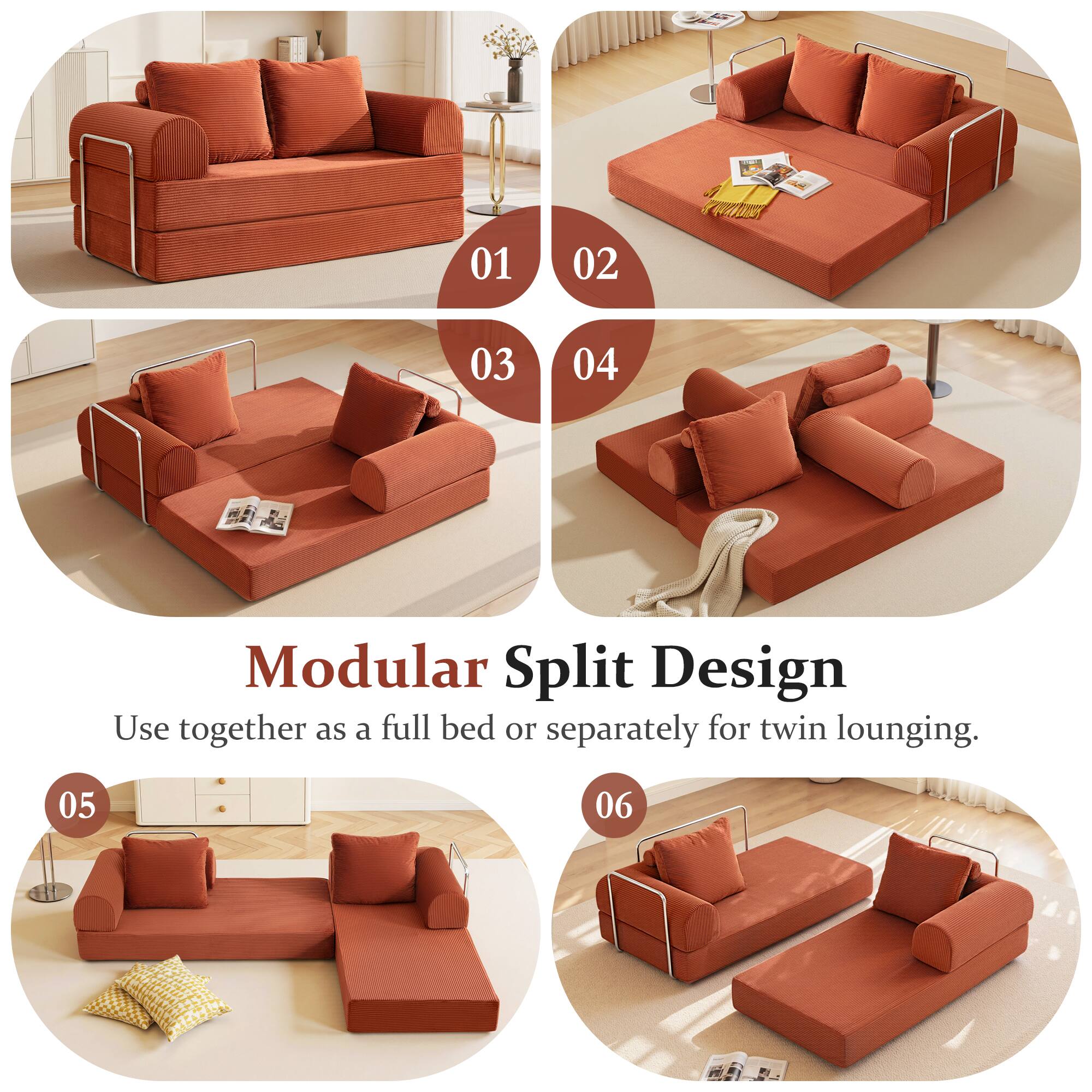Modular Split Design  
Use together as a full bed or separately for twin lounging.