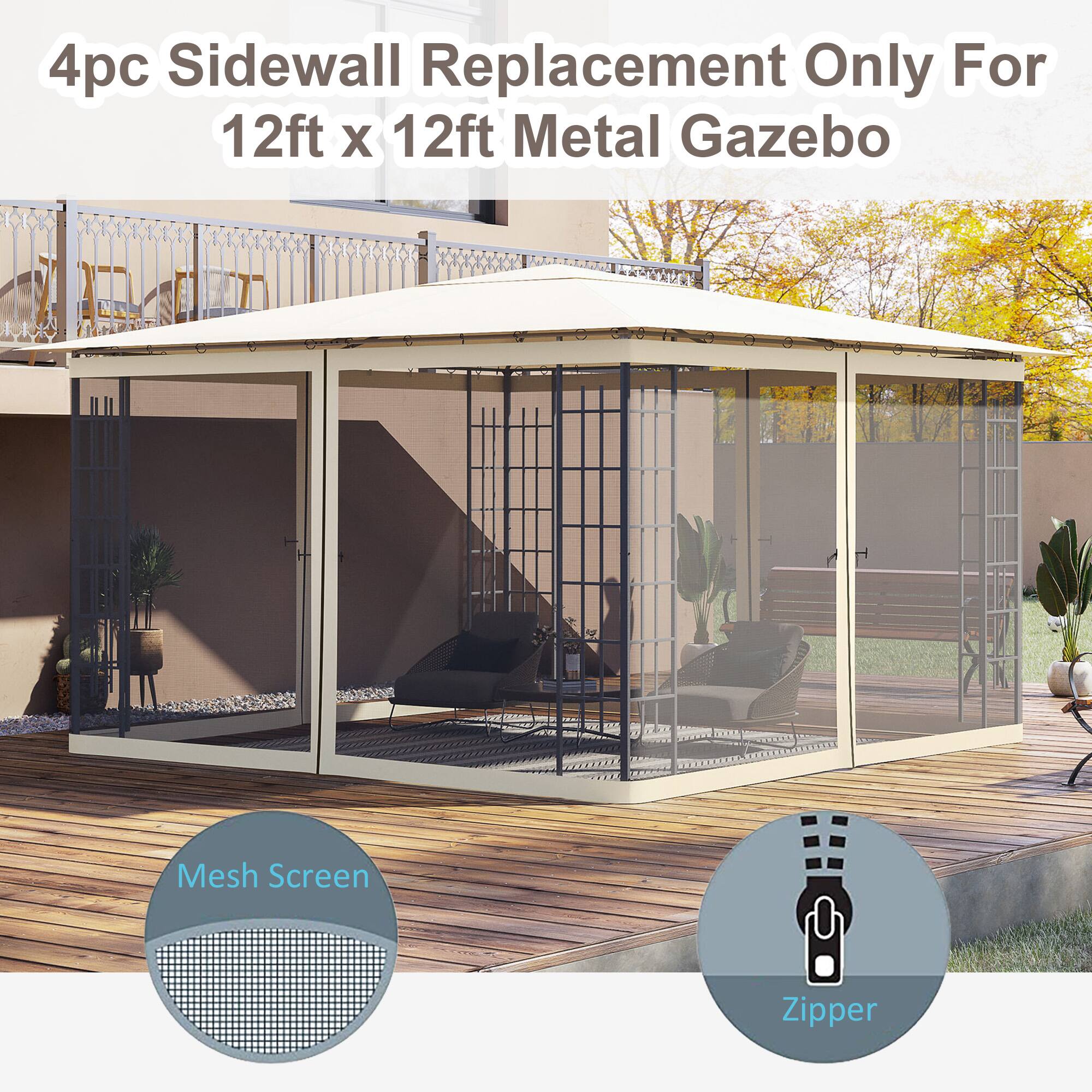 4pc Sidewall Replacement Only For 12ft X 12ft Metal Gazebo, Mesh Screen, Zipper