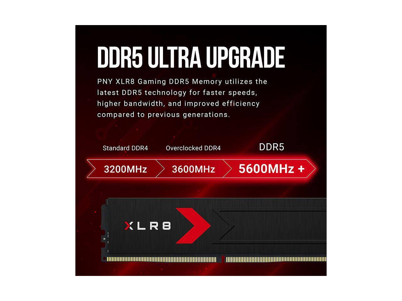 DDR5 ULTRA UPGRADE

PNY XLR8 Gaming DDR5 Memory utilizes the latest DDR5 technology for faster speeds, higher bandwidth, and improved efficiency compared to previous generations.

Standard DDR4: 3200MHz  
Overclocked DDR4: 3600MHz  
DDR5: 5600MHz +